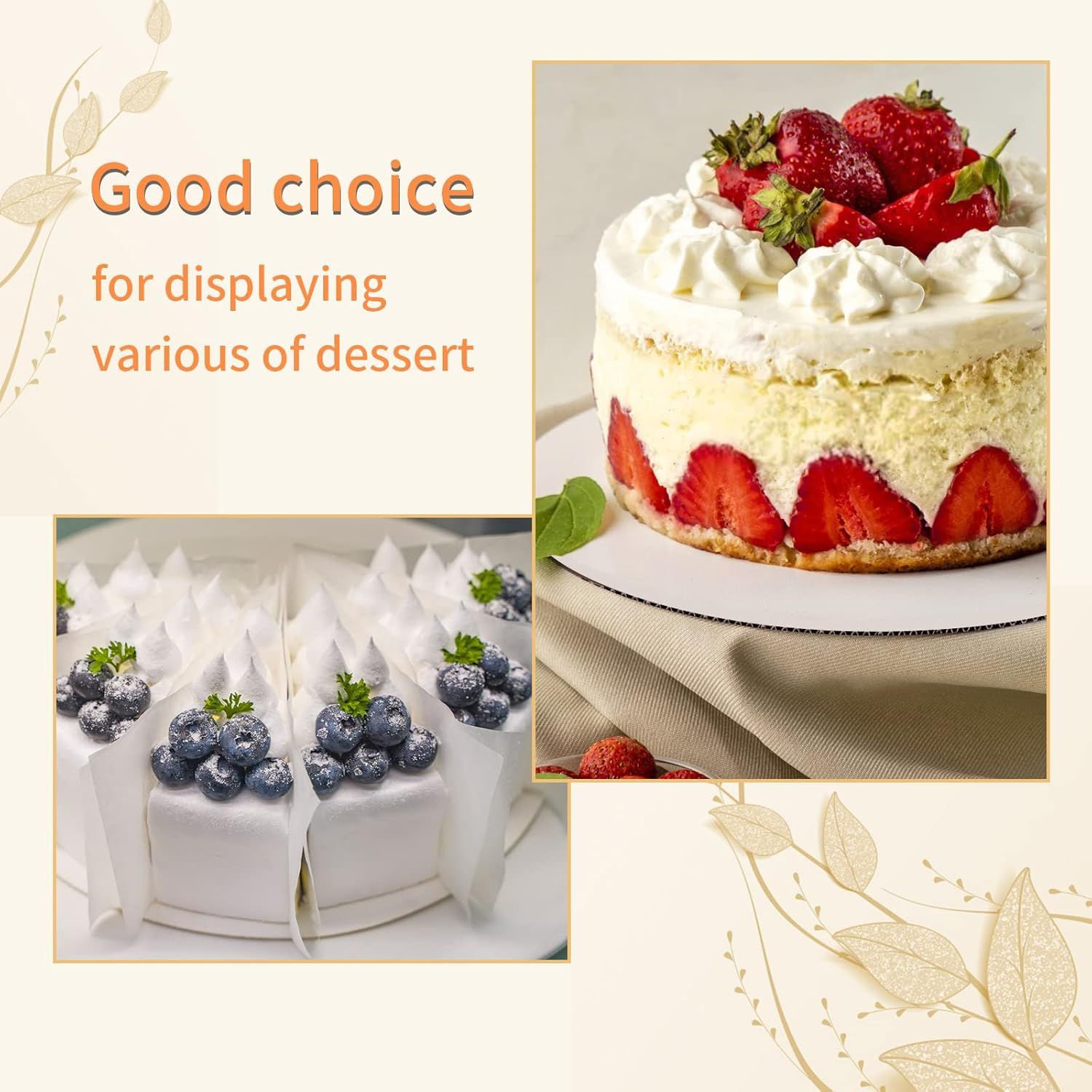 Shows the versatility of the cake boards by displaying them with different types of desserts and cakes.