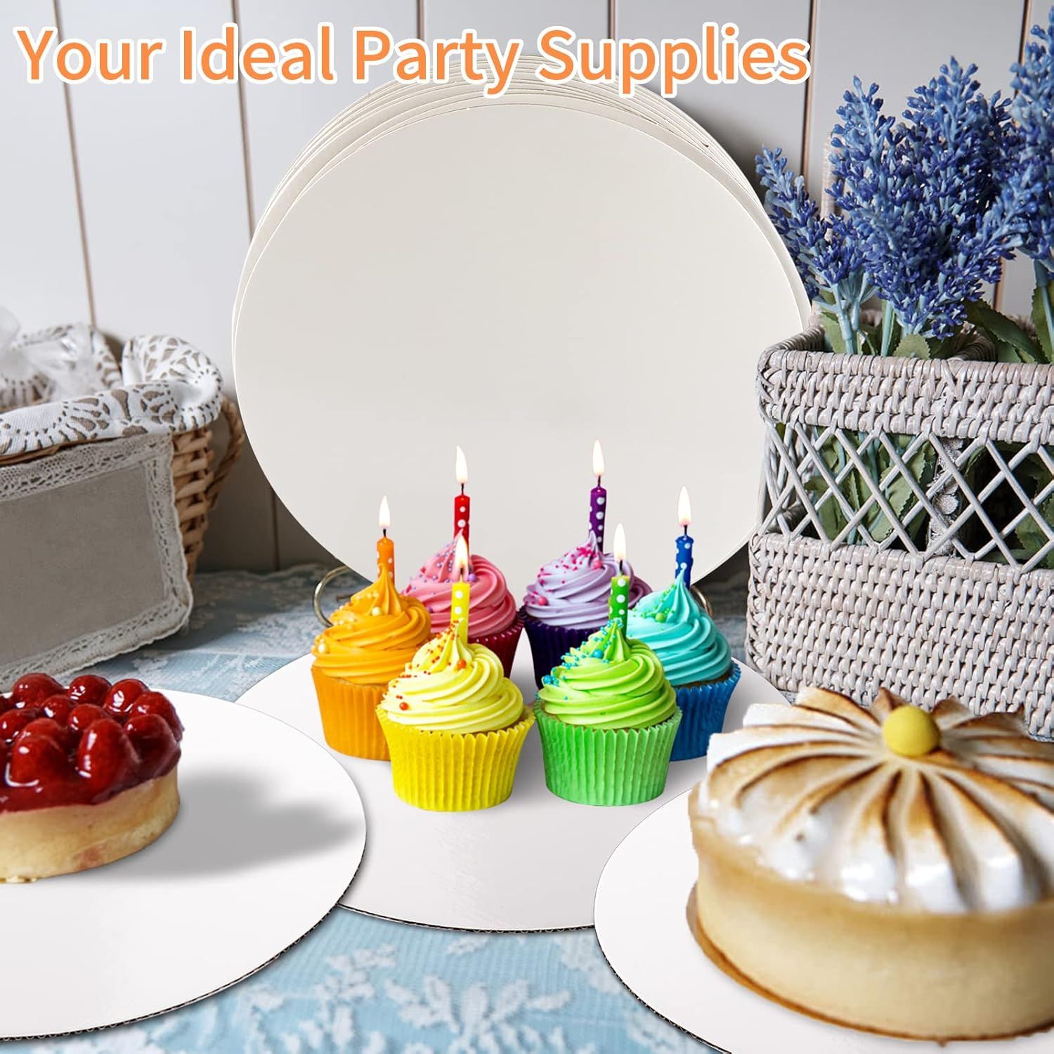 Positions the cake boards as ideal party supplies by showing them displaying various colorful desserts and treats.
