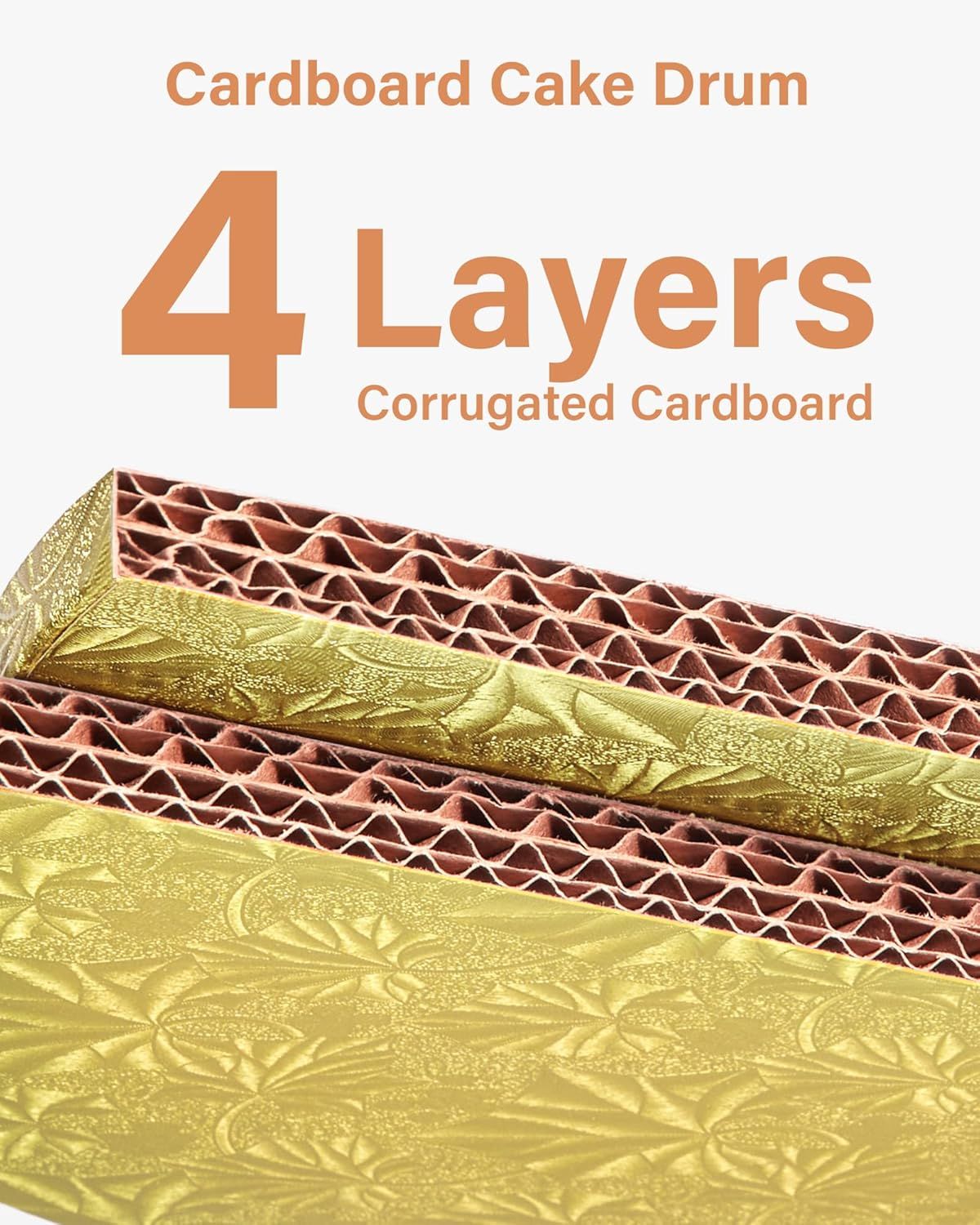Highlights the internal structure and material composition of the cake drum, showing the 4-layer corrugated cardboard construction to communicate durability and quality. Communicates the strength…