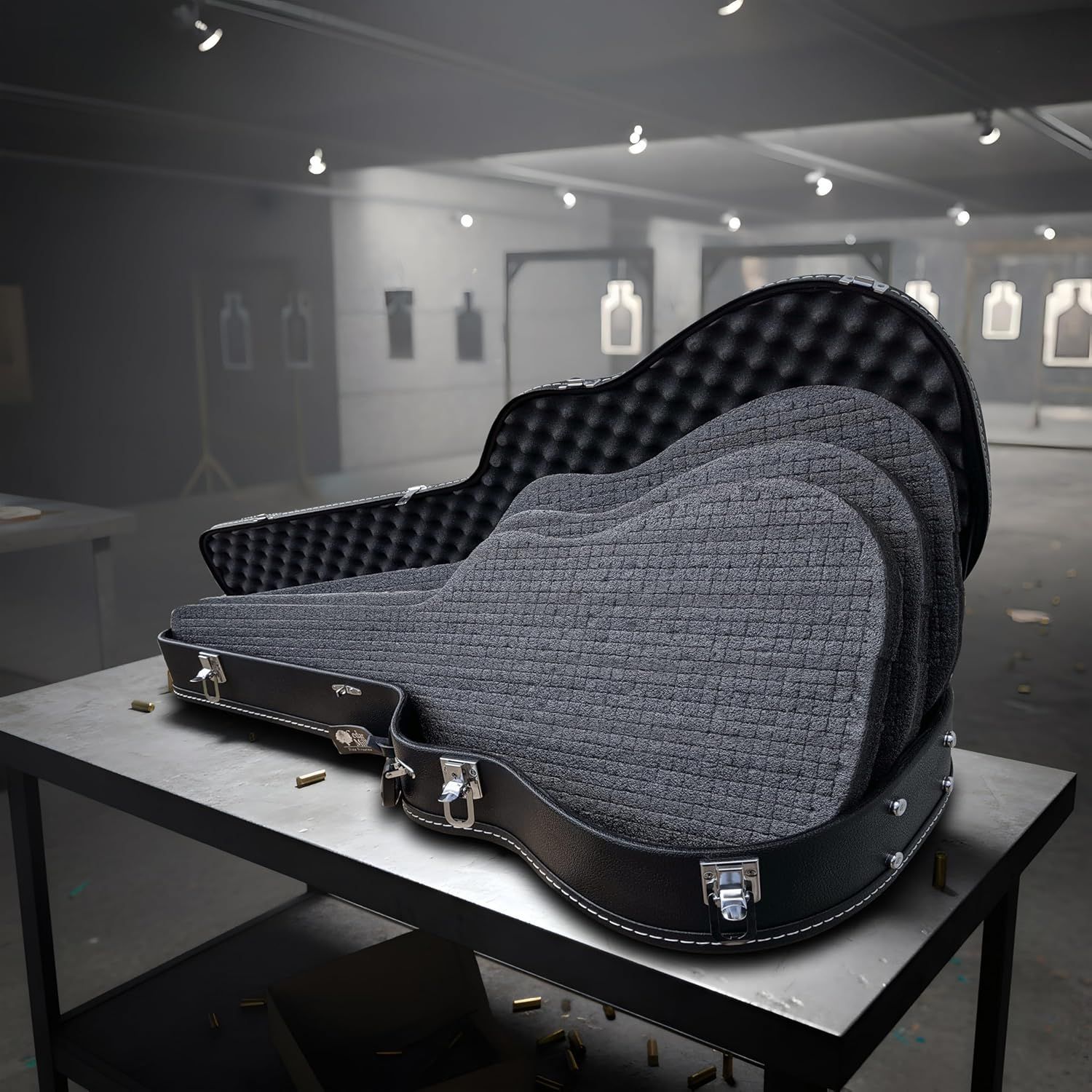 Shows the guitar case in a realistic professional setting to help shoppers visualize the product in use and convey quality.