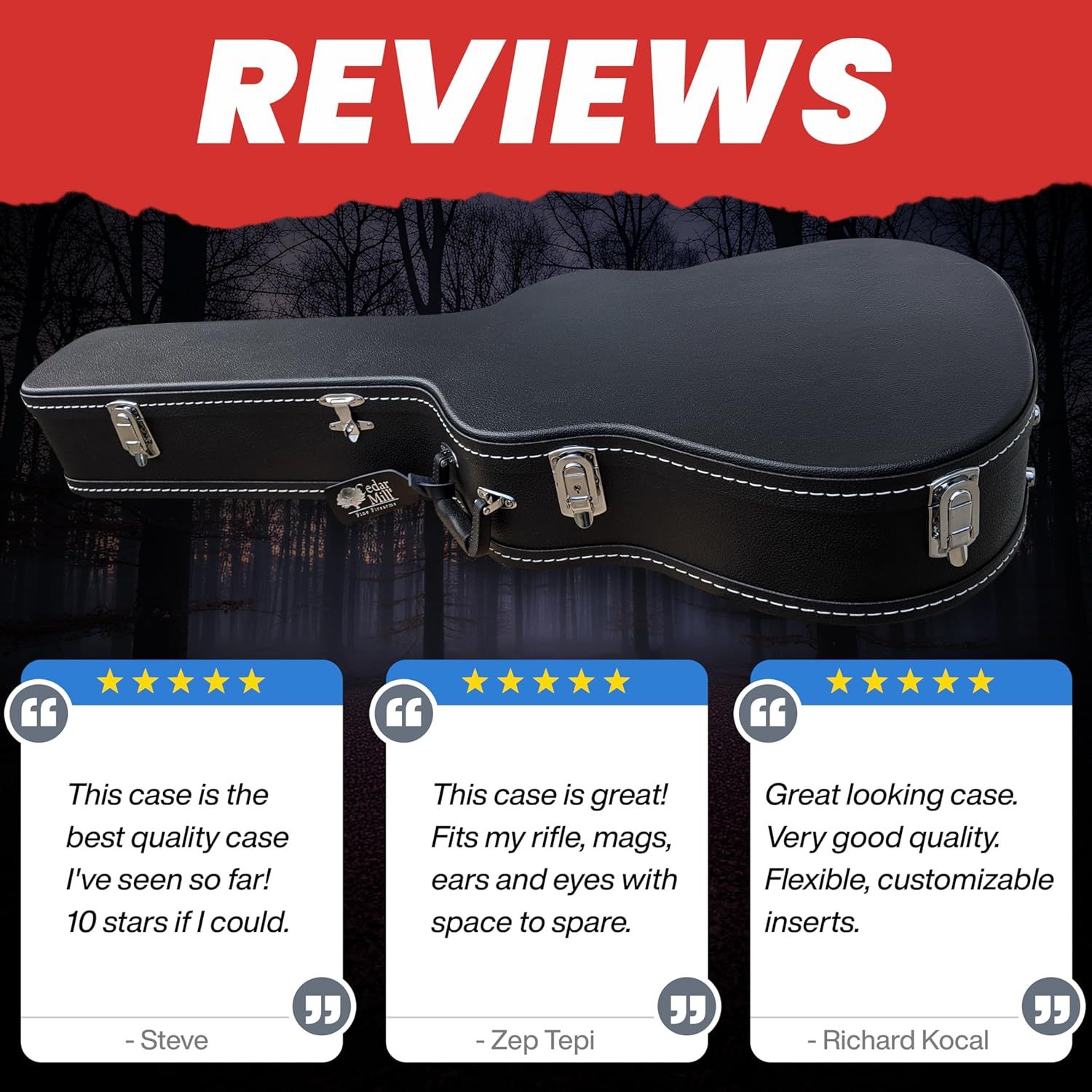 Builds trust and social proof by displaying three positive customer reviews with star ratings and attributed names to reassure potential buyers.