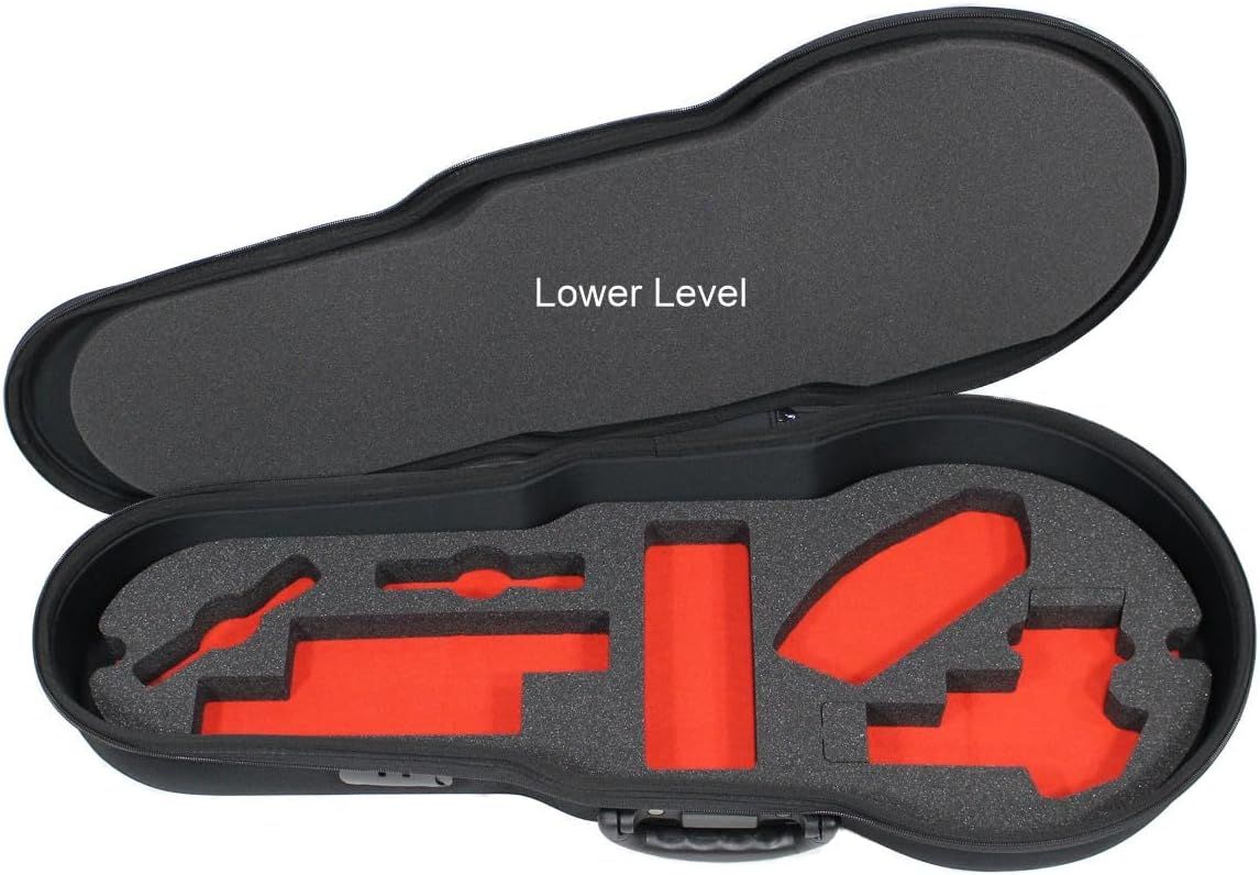 Shows the lower level of the case with custom foam cutouts, demonstrating the organized storage capacity and what can be stored in this compartment.