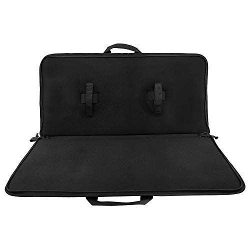 Shows the open interior of the tool bag with securing straps, demonstrating the internal storage capacity and retention system.