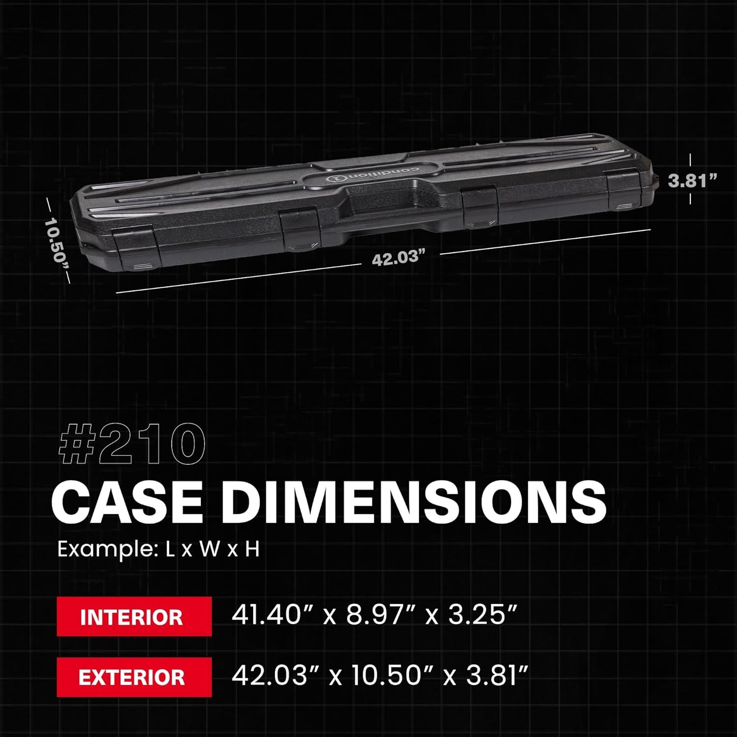 Communicates the exact physical dimensions of the case, both interior and exterior, to help shoppers understand the size and storage capacity.