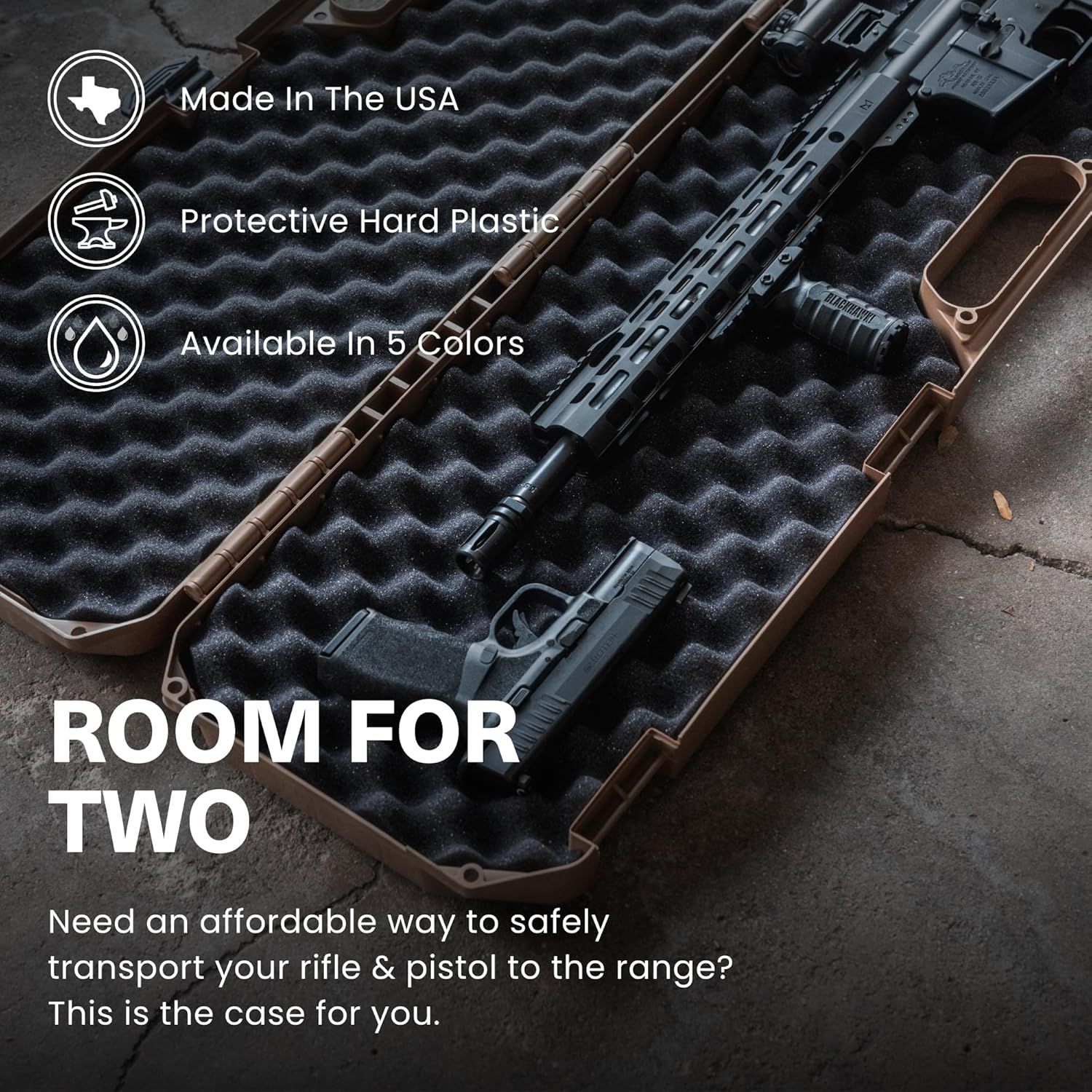 Communicates that the case can safely transport both a rifle and pistol, emphasizing its capacity and affordability for range trips.