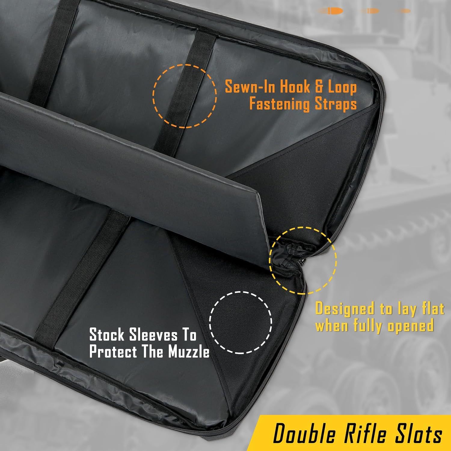 Highlights the physical components and structural design features of the rifle case, showing how it is built to protect and organize firearms.