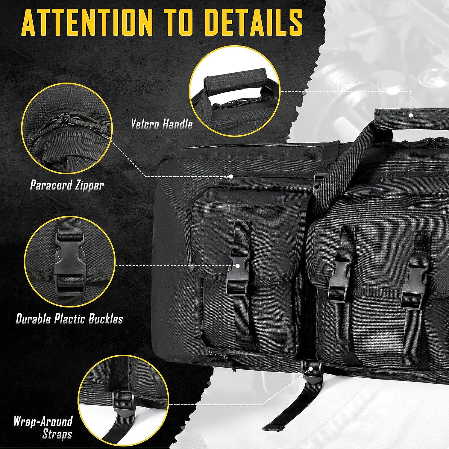 Breaks down the physical parts and construction details of the rifle bag, highlighting the quality components and hardware used throughout the product.