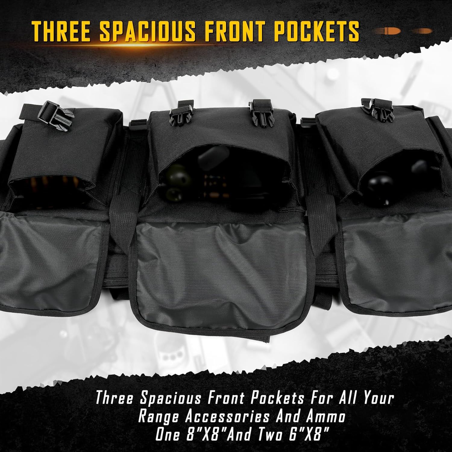 Highlights the storage capacity and organization benefit of the three front pockets for range accessories and ammo.