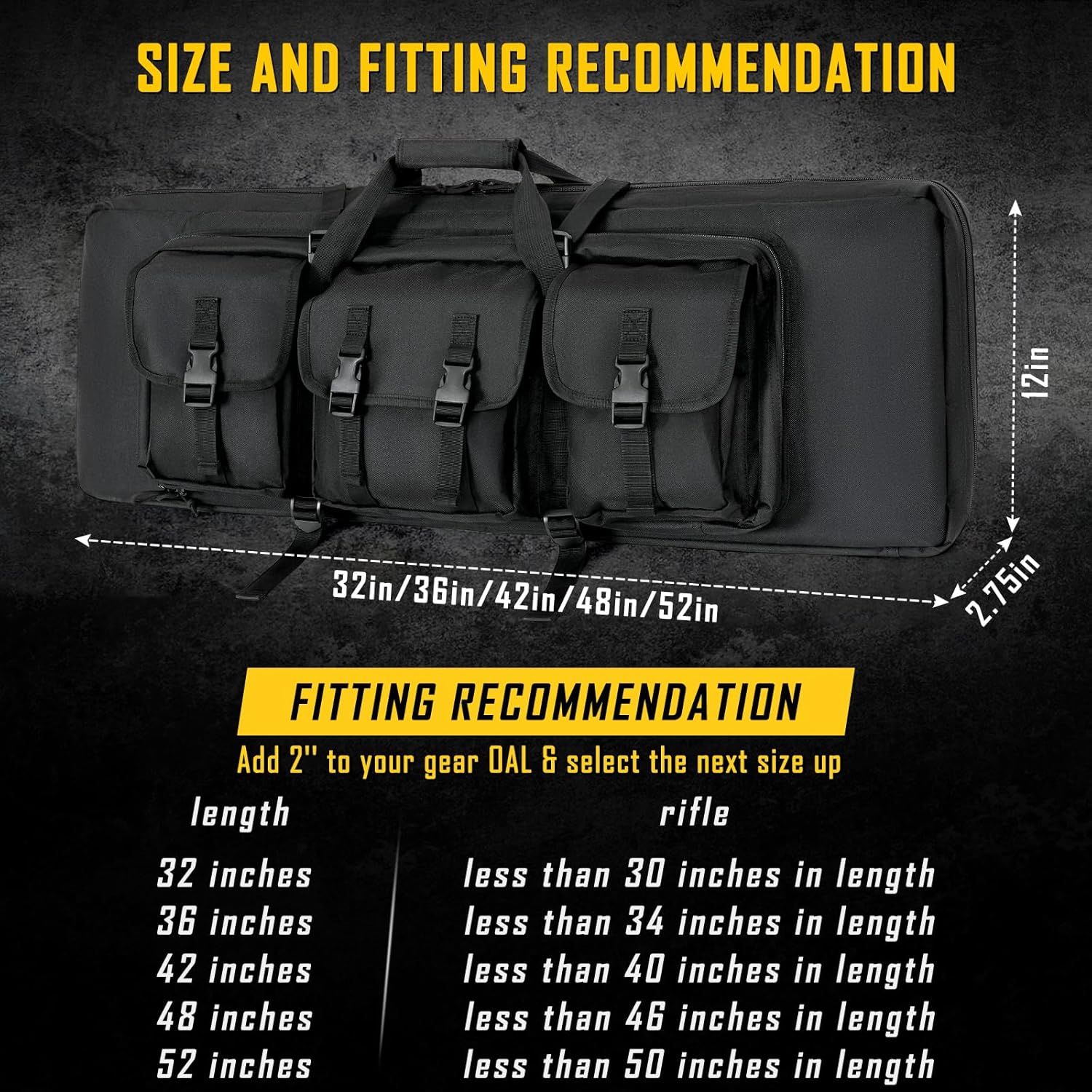 Provides exact dimensions and a fitting guide to help shoppers select the correct rifle case size for their firearm length.