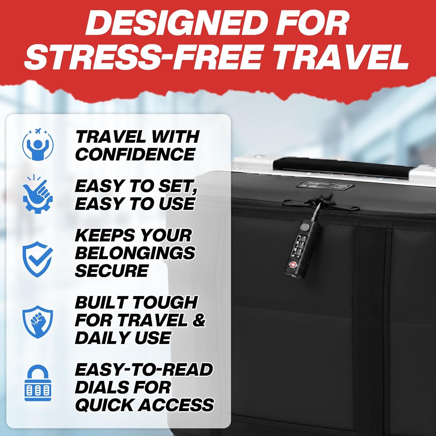 Highlights multiple key benefits of the TSA lock in a segmented layout to reassure travelers that the product is easy to use, secure, durable, and convenient for stress-free travel.
