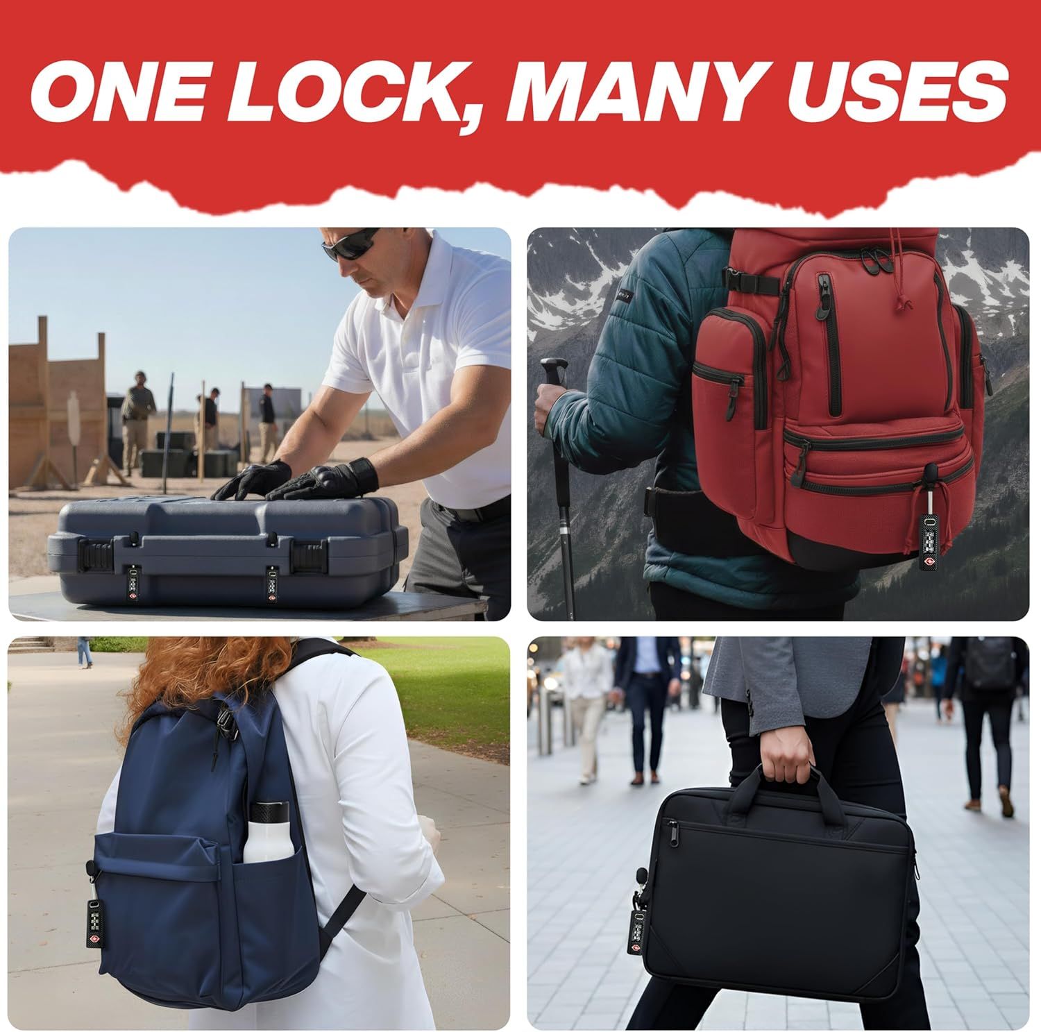 Demonstrates the versatility of the lock by showing it used across multiple travel scenarios and bag types, reassuring shoppers that one lock works for many different situations.