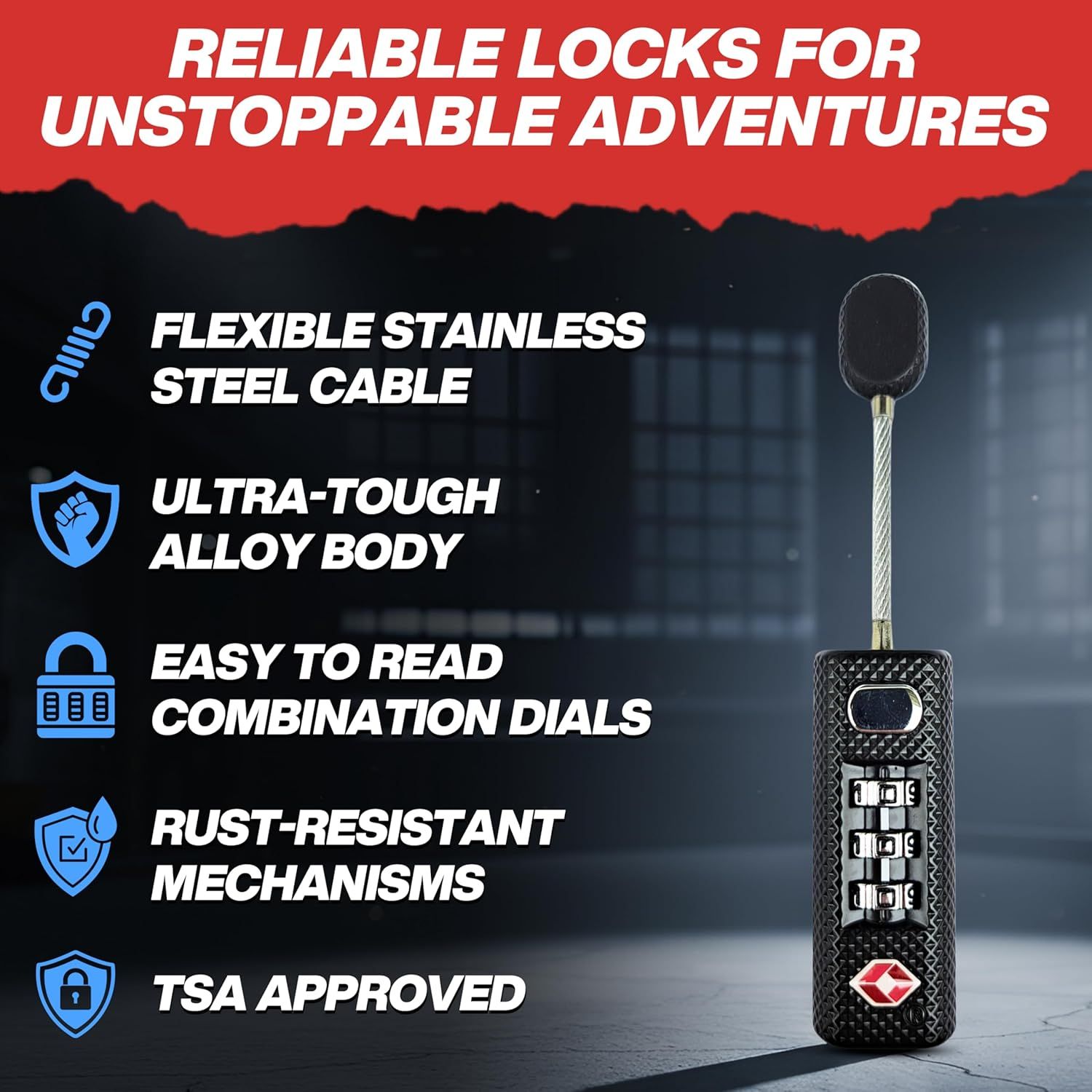 Showcases multiple technical features and certifications of the lock in a segmented icon-based layout to communicate reliability, quality, and travel compliance.