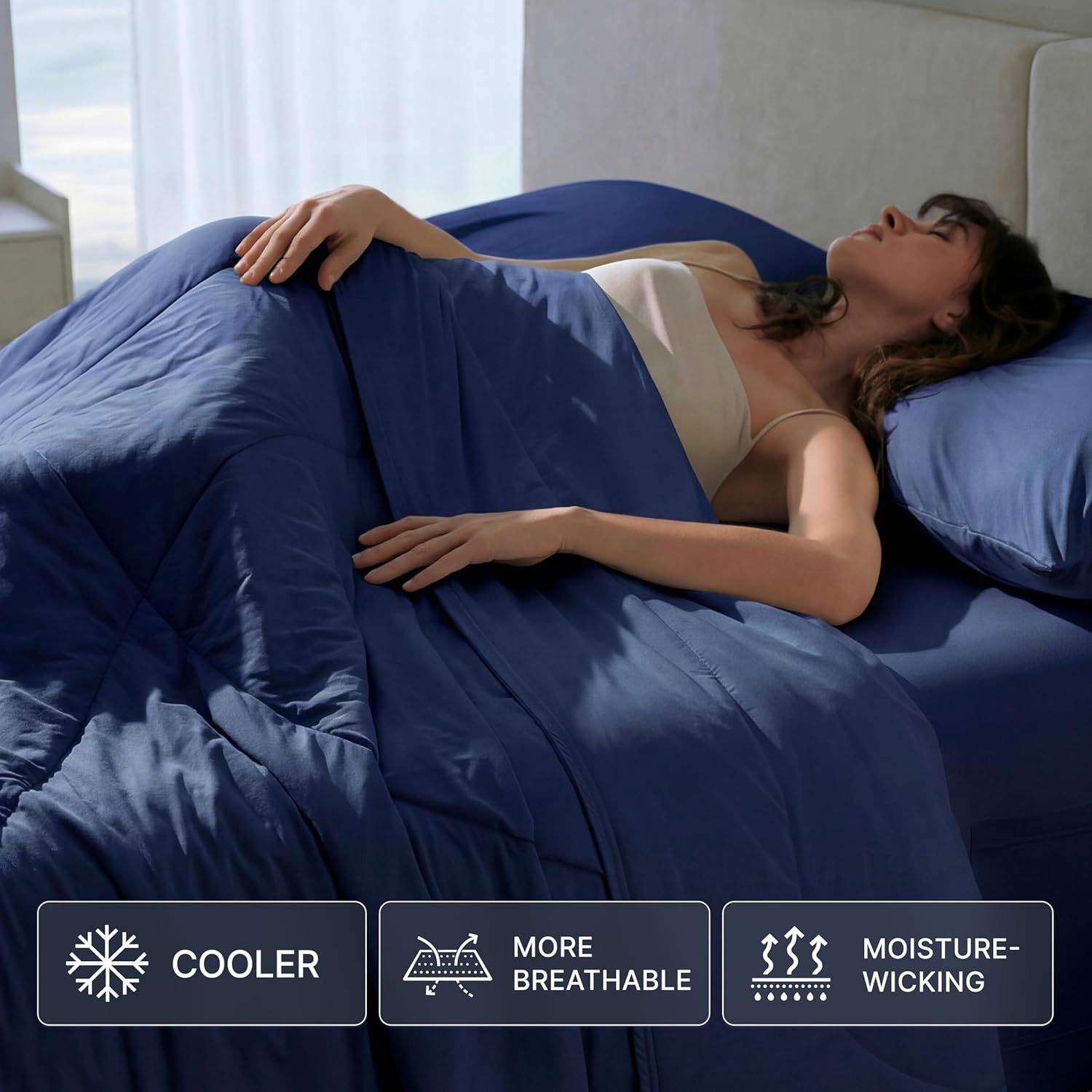 Highlights three distinct temperature-regulating benefits in a segmented layout to show how the product keeps sleepers comfortable.