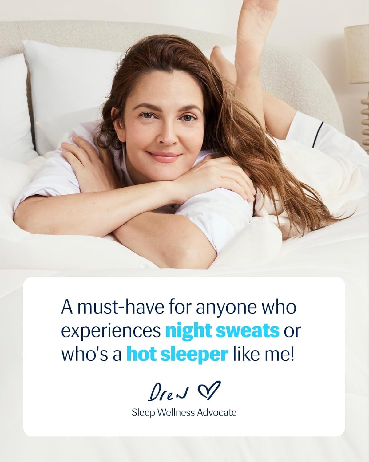 Provides a personal endorsement from a Sleep Wellness Advocate to build trust and credibility, reassuring shoppers that the product is effective for night sweats and hot sleepers.