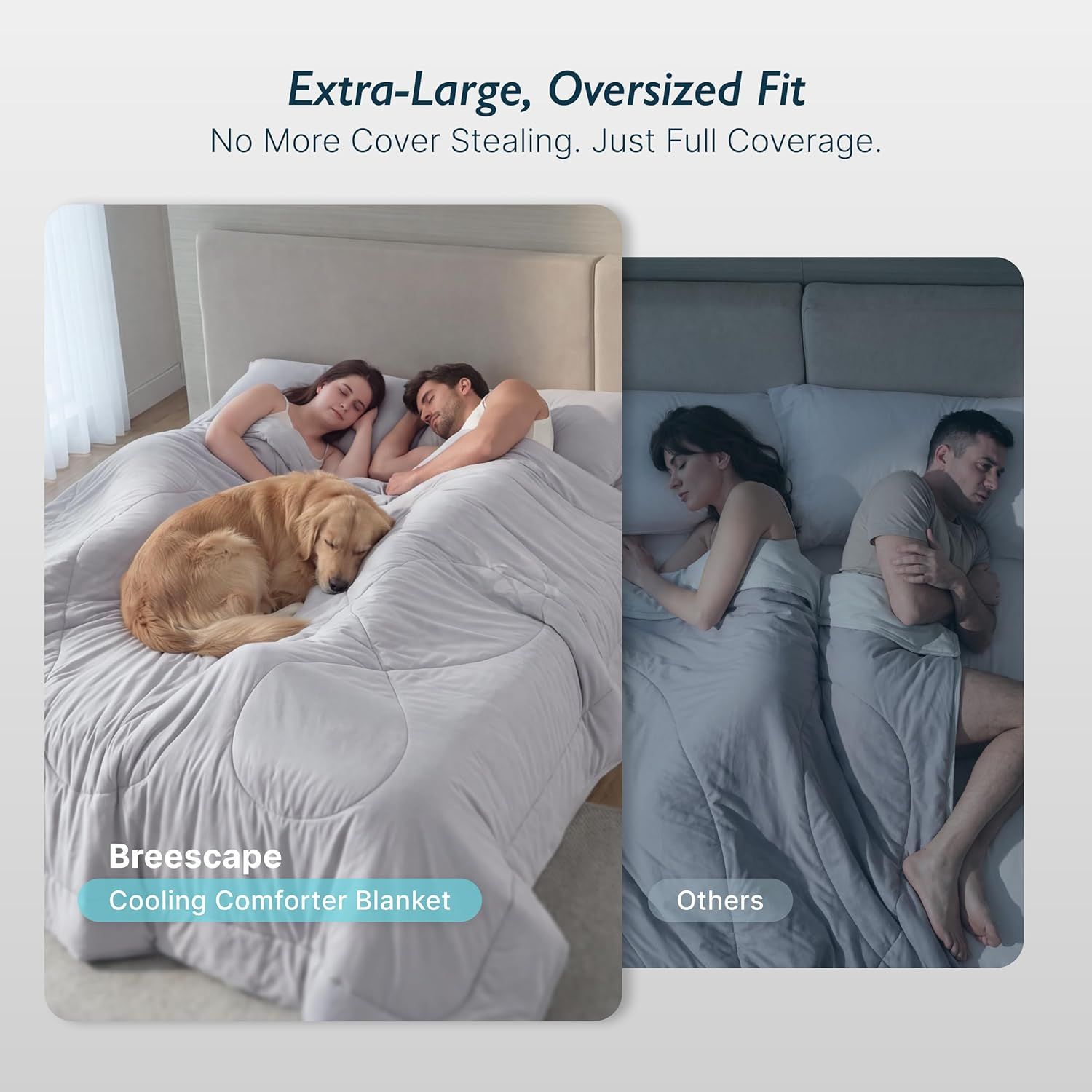 Visually compares the brand's oversized comforter against competitors' standard sizing to show superior coverage and prevent cover stealing.