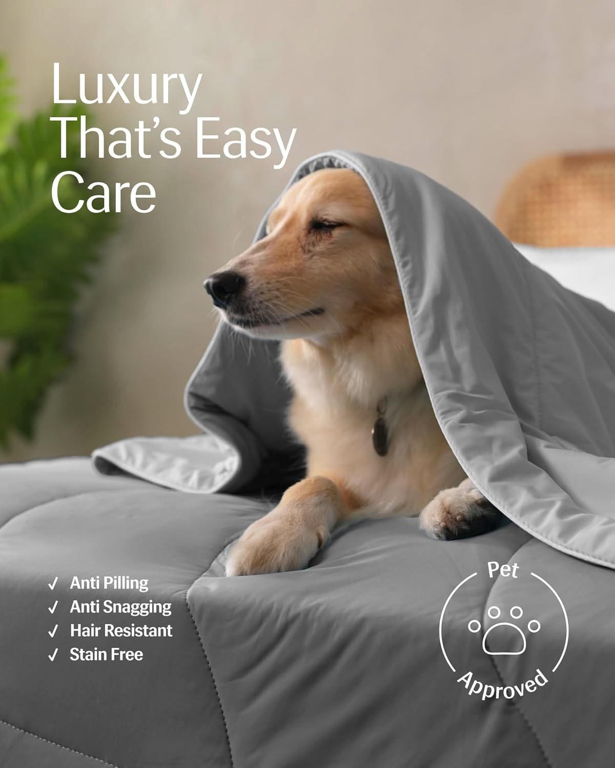 Highlights multiple care and durability benefits in a single layout, reassuring shoppers that the product is easy to maintain and pet-friendly.
