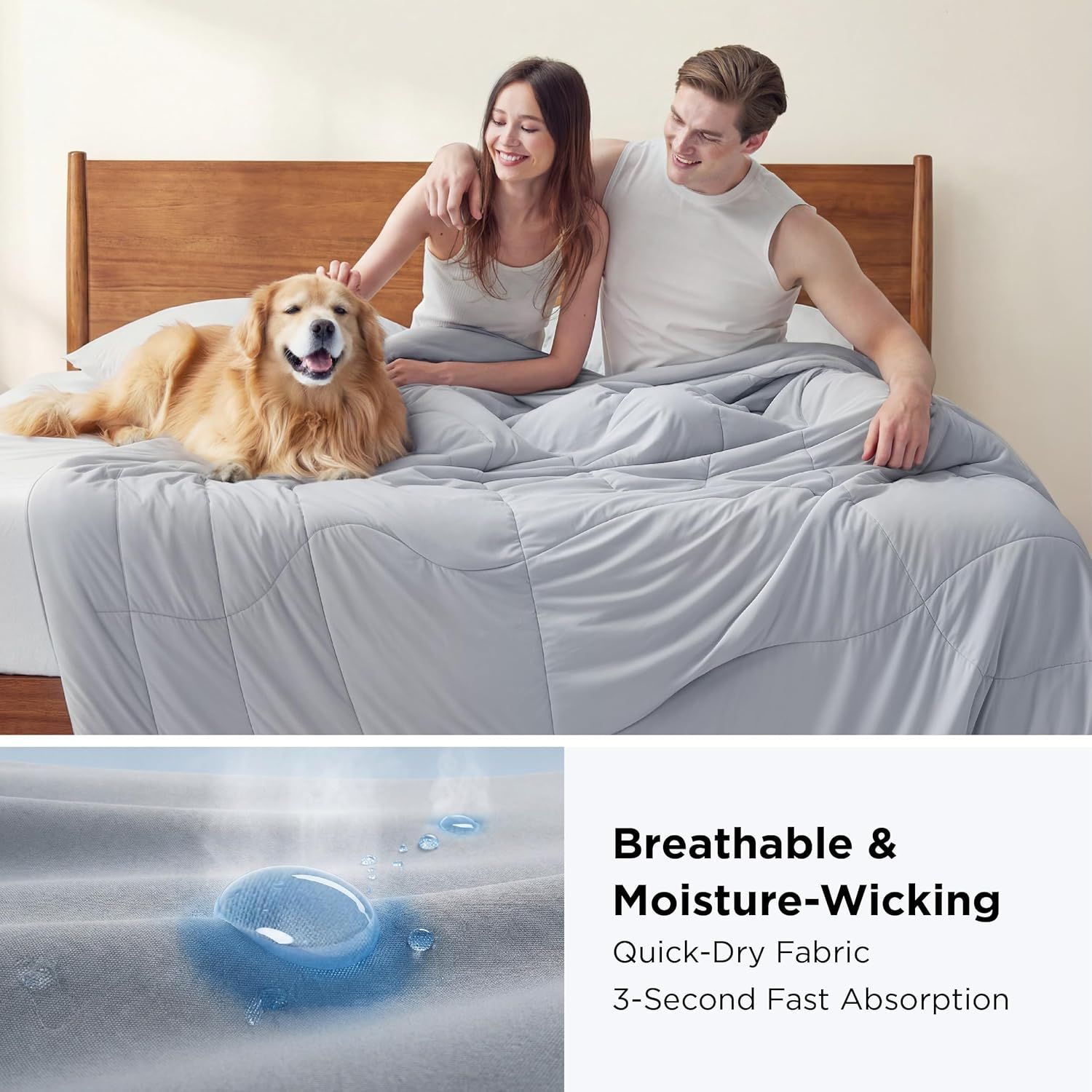 Showcases multiple benefits of the product including breathability, moisture-wicking properties, and fast absorption to reassure shoppers of comfort and practicality.