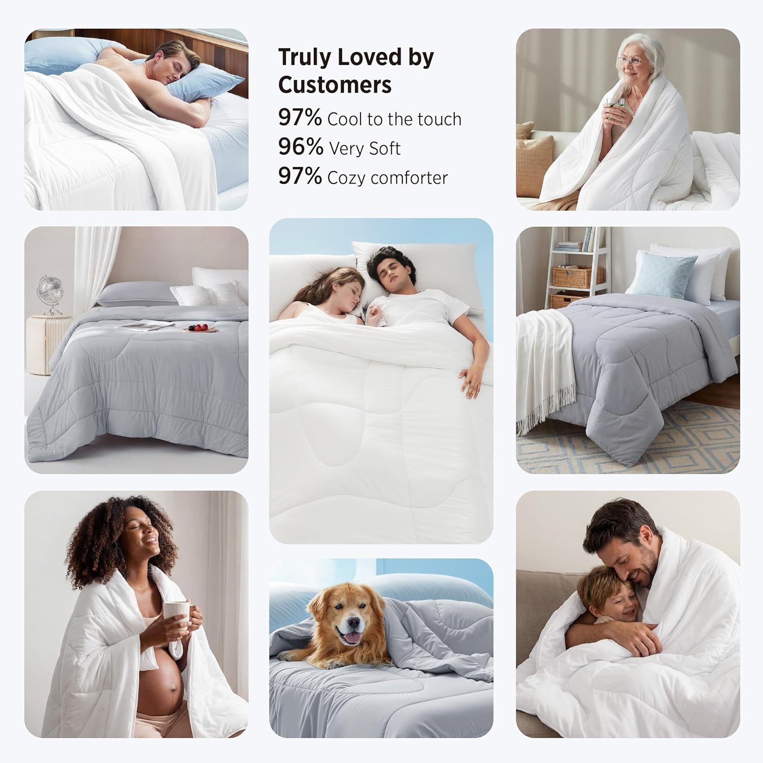 Builds trust and social proof by showcasing high customer satisfaction percentages (97% cool to the touch, 96% very soft, 97% cozy comforter) alongside lifestyle images of happy customers.