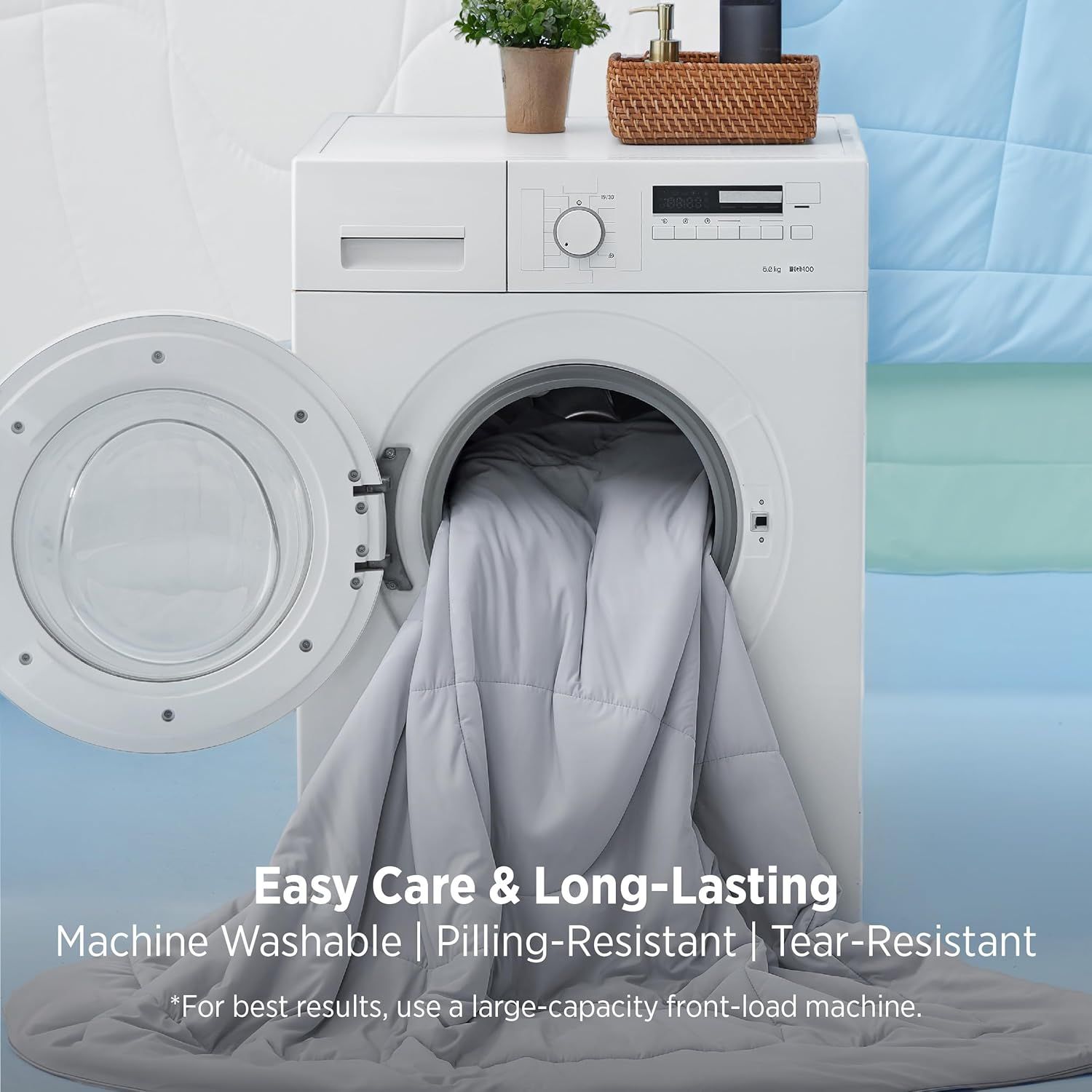 Highlights multiple care and durability benefits (machine washable, pilling-resistant, tear-resistant) to reassure shoppers that the product is easy to maintain and built to last.