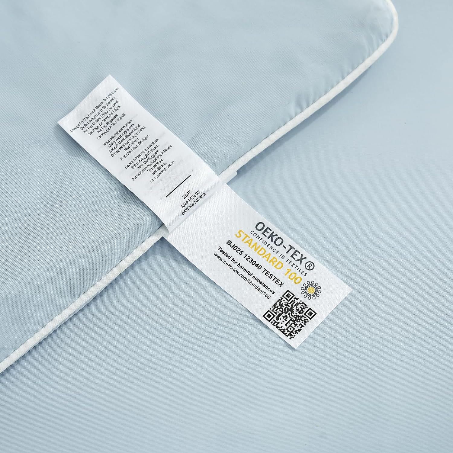Reassures shoppers that the product is tested and certified safe, free from harmful substances, and meets international textile safety standards.