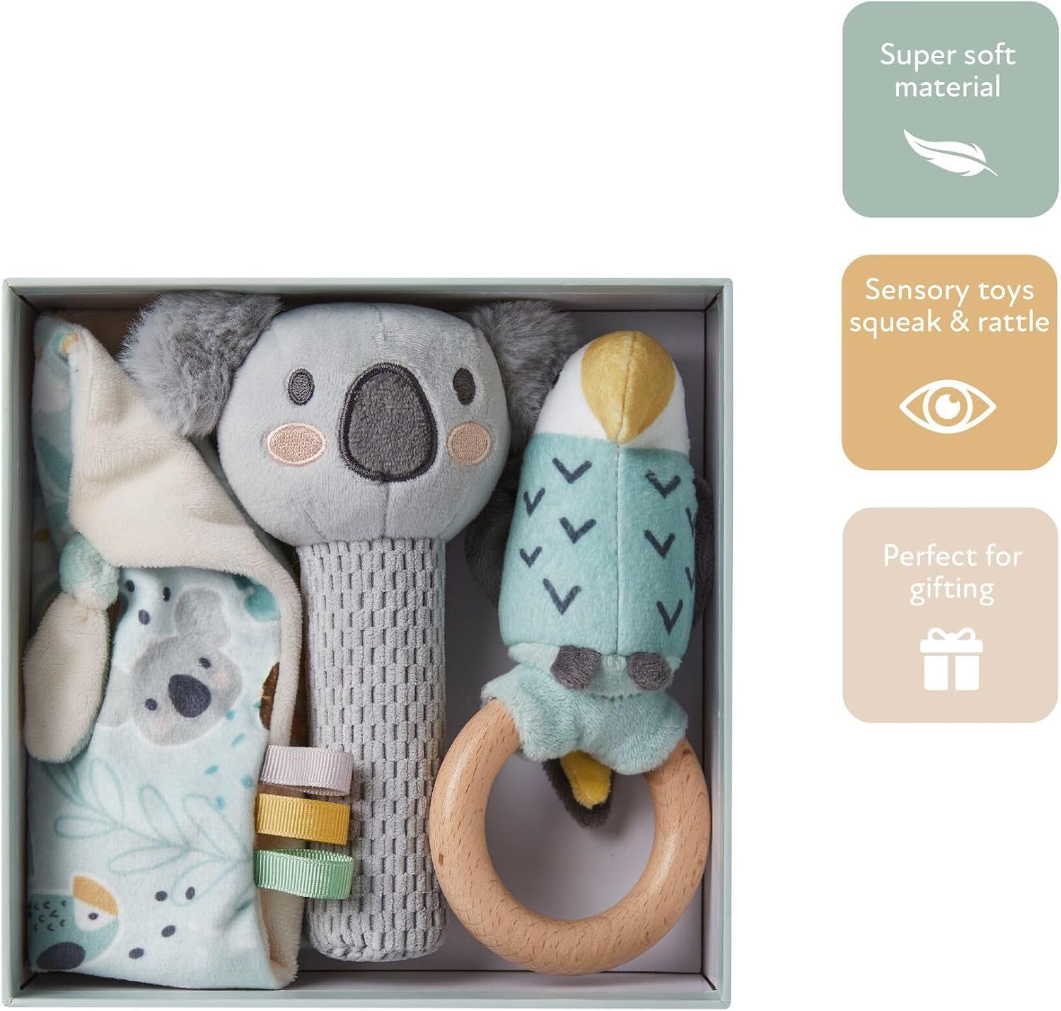 Shows everything included in the baby toy gift set to help shoppers understand the full value and variety of items they will receive. Positions the product as an ideal gift option with the 'Perfect…