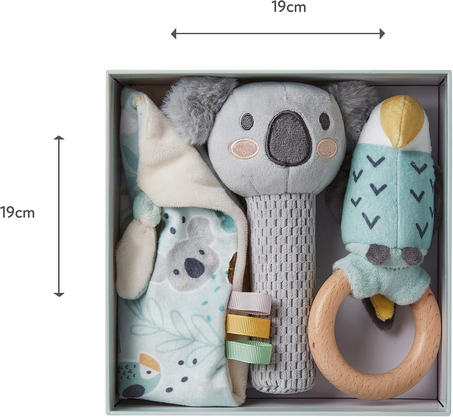 Communicates the physical size of the gift box to help shoppers understand how compact and portable the set is.