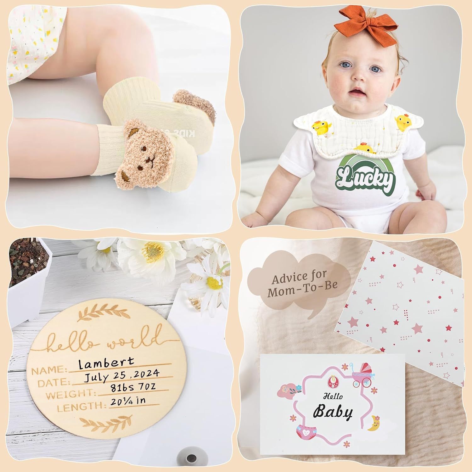 Displays individual items included in the baby gift set through a four-panel layout to show shoppers the specific accessories and keepsakes they will receive.
