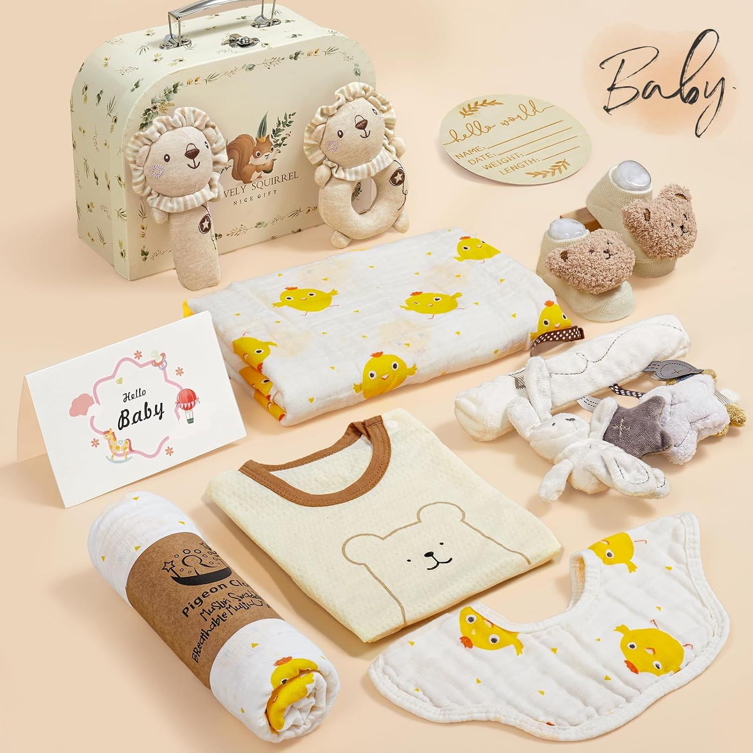 Provides a comprehensive flat-lay view of all items included in the baby gift set to give shoppers a complete understanding of the bundle contents and presentation.