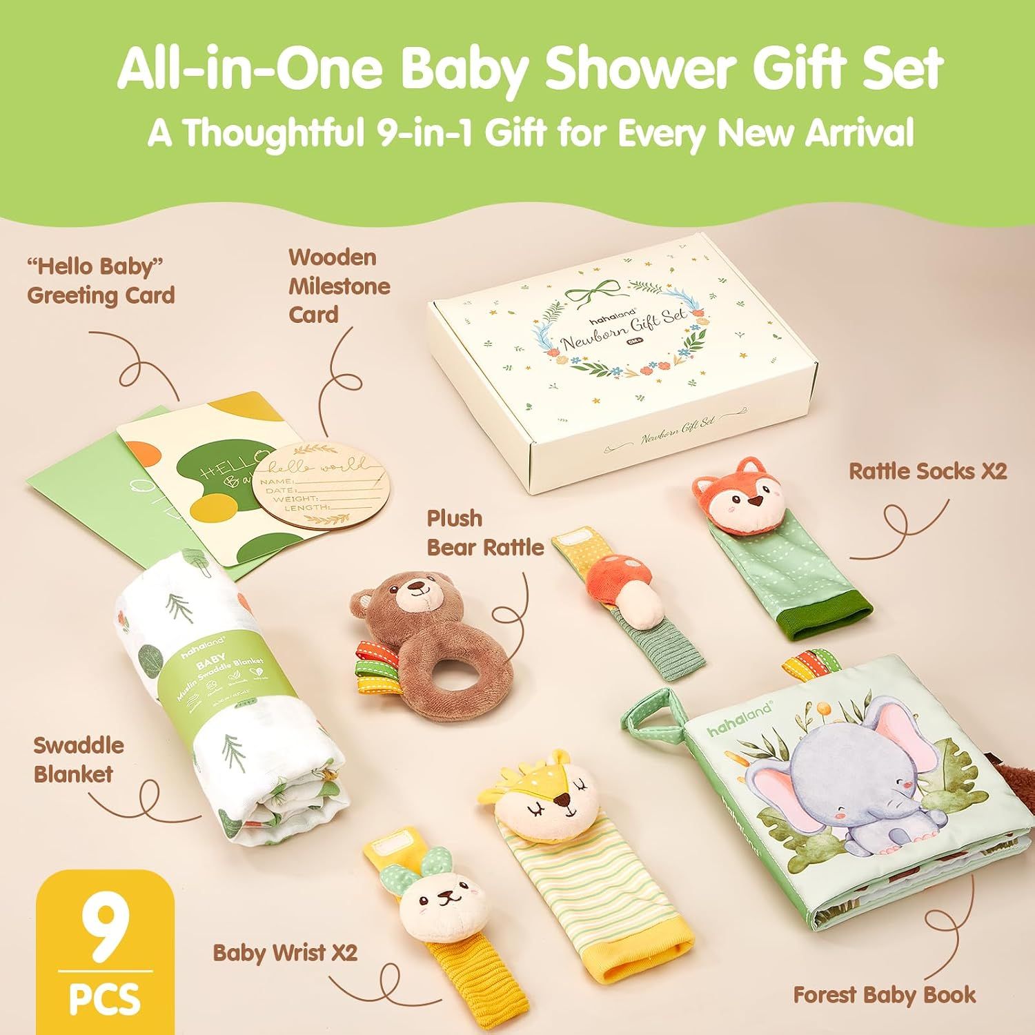 Shows all items included in the baby shower gift set to help shoppers understand the complete bundle they will receive.