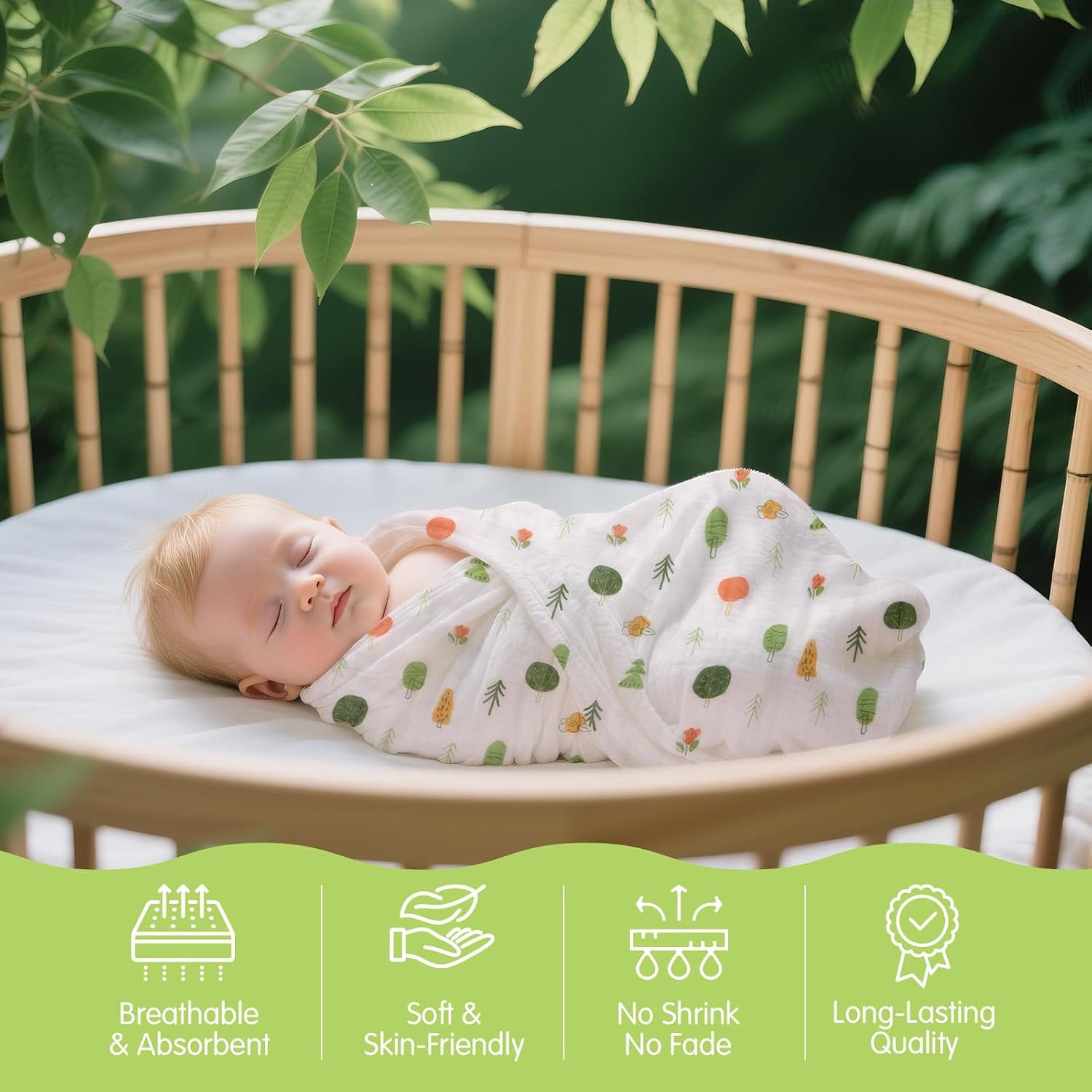Highlights four distinct material and quality benefits of the swaddle blanket through a segmented icon layout to reassure parents of the product's comfort and durability.