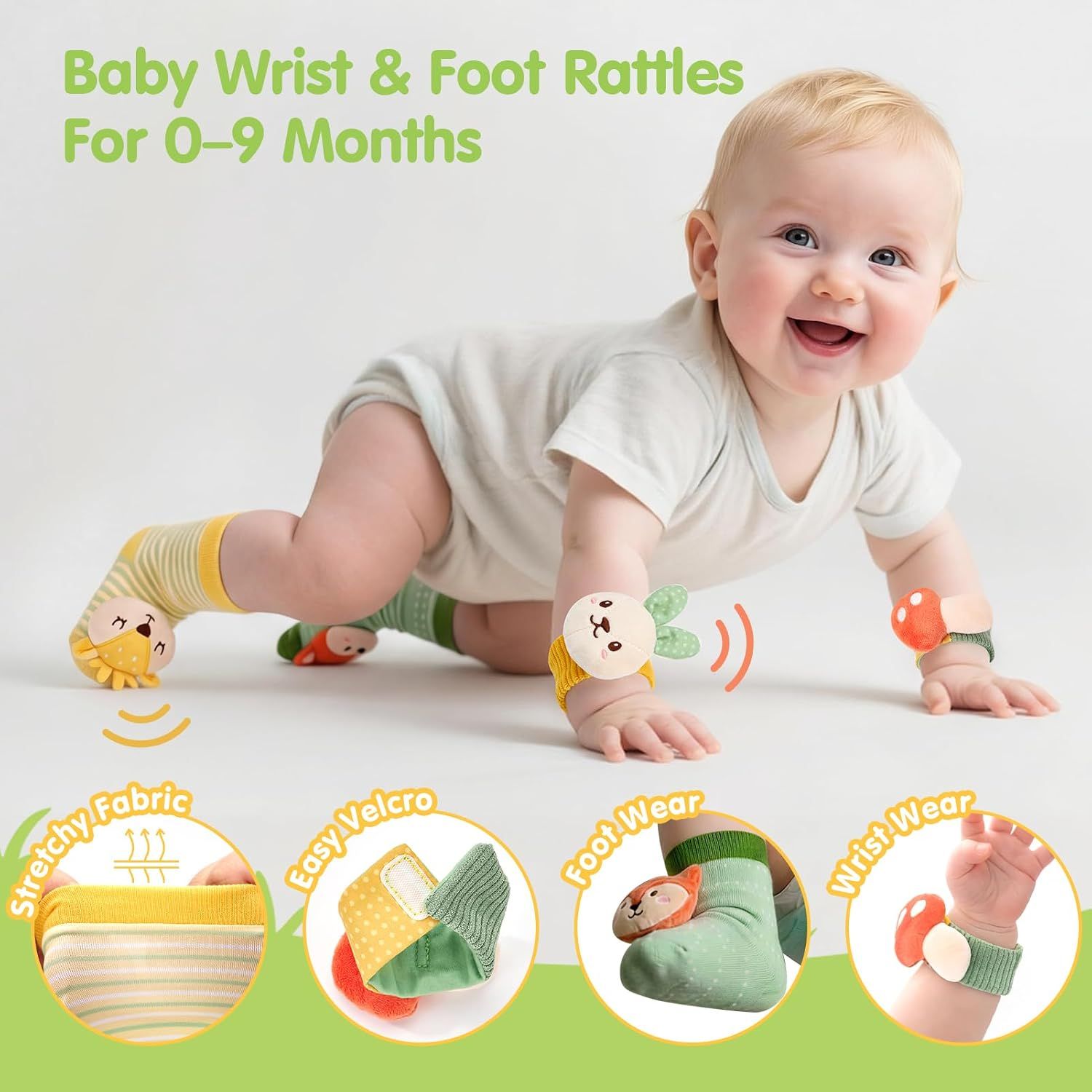 Showcases multiple features of the baby wrist and foot rattles through a segmented layout with callout circles to highlight design elements and usability benefits.