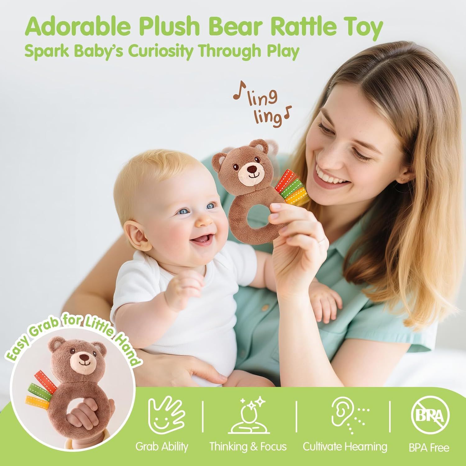 Highlights four developmental and safety benefits of the plush bear rattle toy through a segmented icon layout to reassure parents of its educational value and safety.