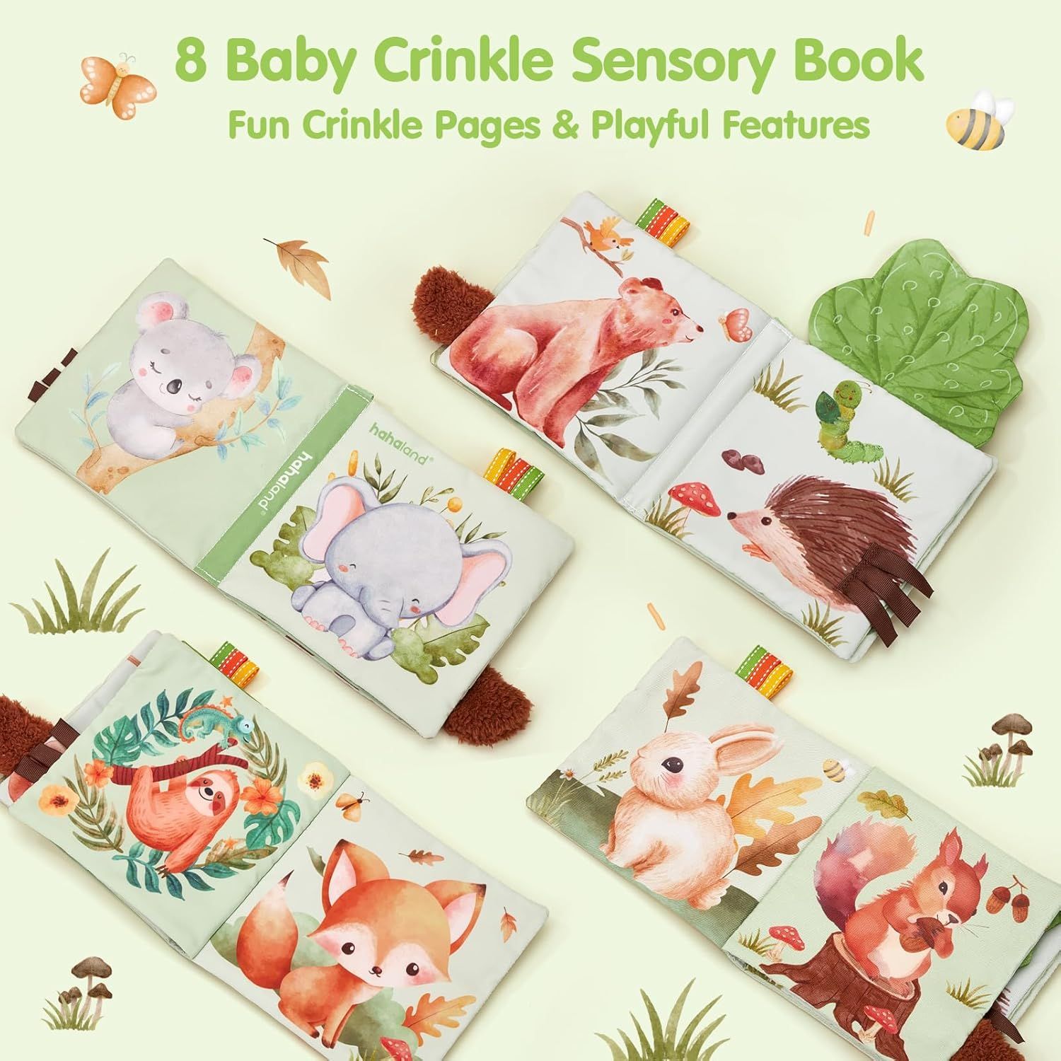 Highlights the sensory book's crinkle pages and playful features to communicate its engaging and educational value for babies.