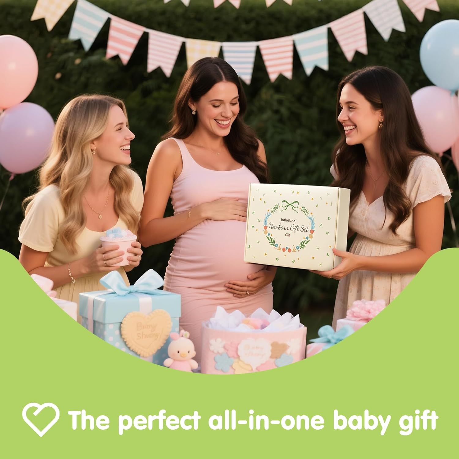 Positions the product as an ideal gift for baby showers by showing it in a celebratory gifting context with decorations and wrapped presents.