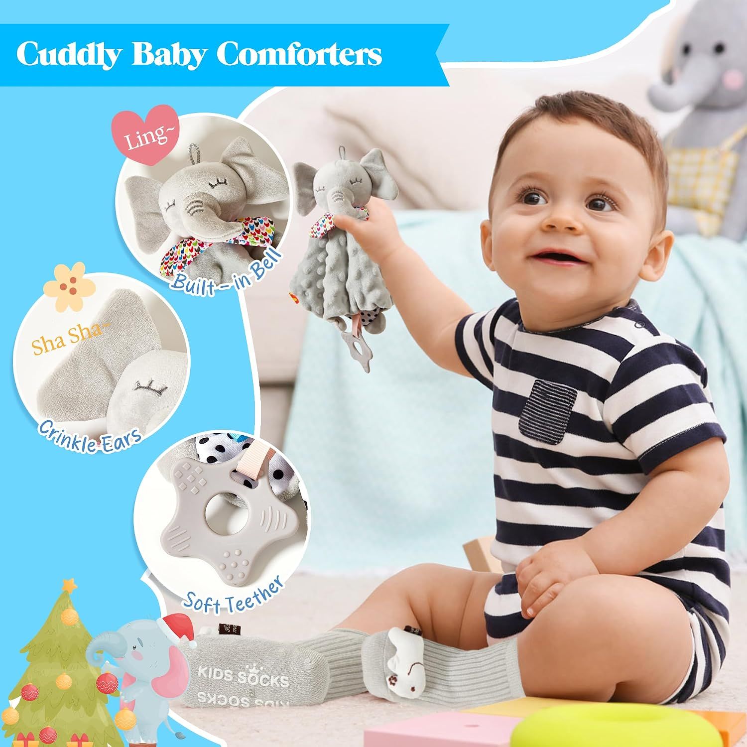 Breaks down the physical features and components of the baby comforter toy, highlighting the built-in bell, crinkle ears, and soft teether to help shoppers understand what the product includes.…