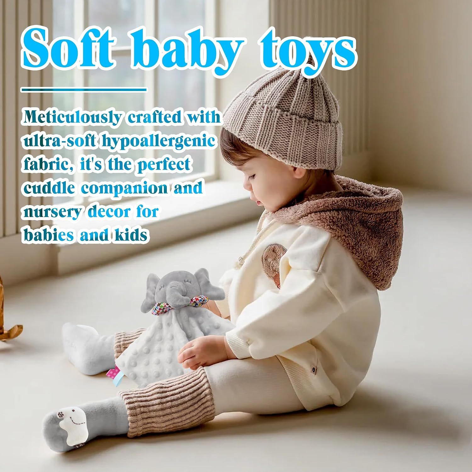 Communicates the primary benefit of ultra-soft, hypoallergenic fabric that makes the toy a perfect cuddle companion and nursery decor for babies and kids.