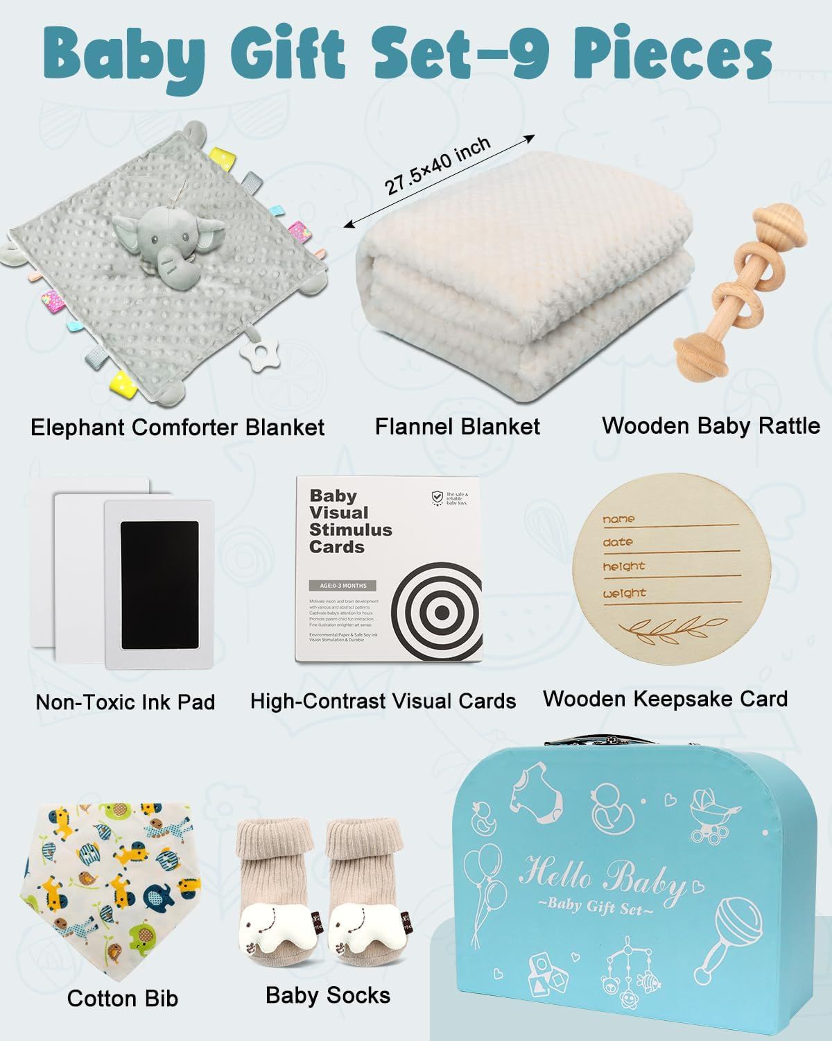 Shows all items included in the baby gift set to help shoppers understand the complete bundle they will receive. Positions the product as a ready-to-gift baby shower present with gift packaging shown.