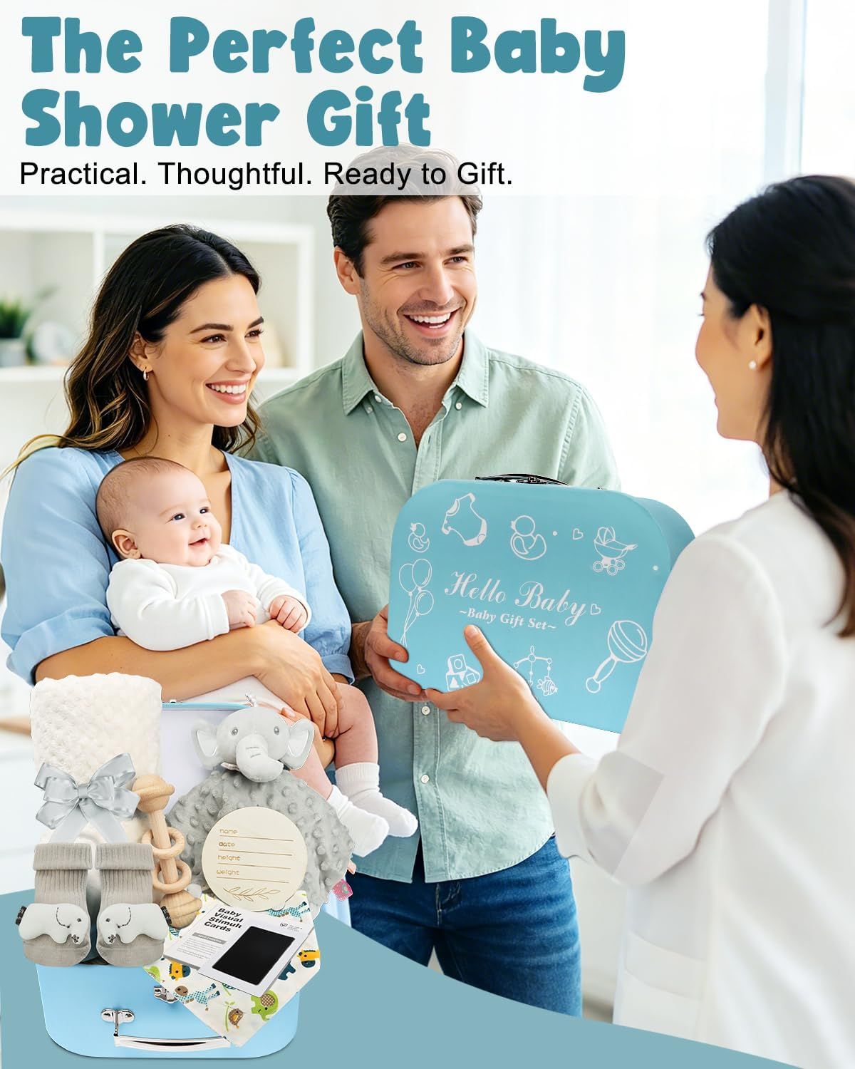 Emphasizes the product as the perfect baby shower gift, showing new parents receiving the gift set in a lifestyle context.