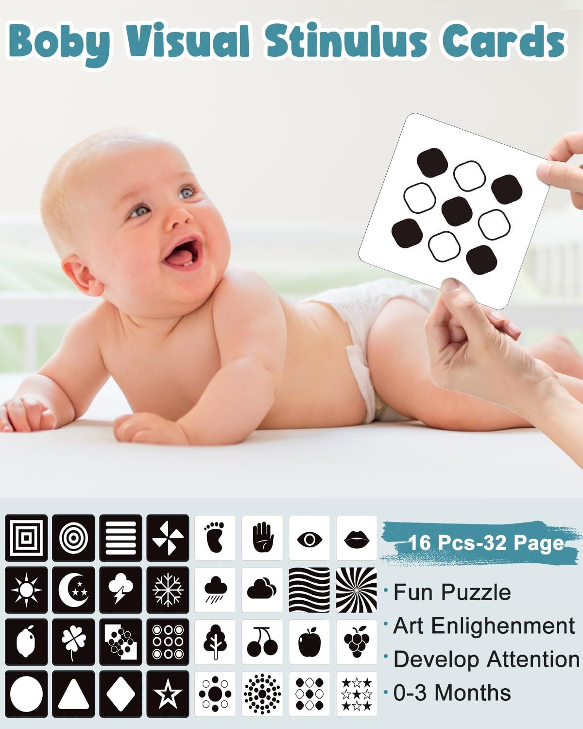 Highlights the high-contrast visual stimulus cards designed to develop baby attention and provide art enrichment for ages 0-3 months.