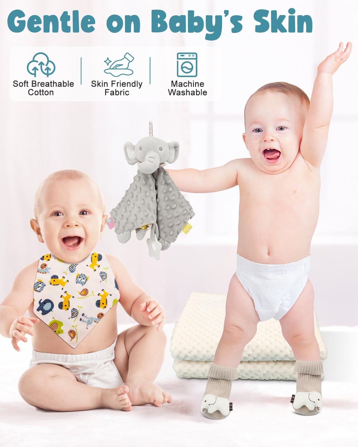 Showcases three distinct fabric benefits in a segmented layout to reassure parents about the gentle, safe materials used in the baby products.