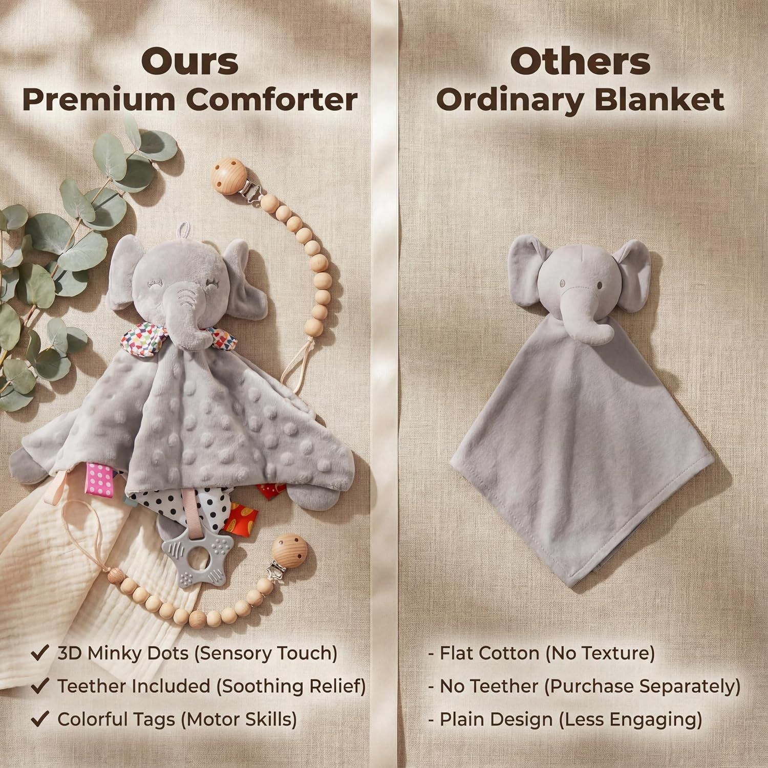 Compares the brand's premium comforter with ordinary blankets, highlighting superior features like 3D minky dots, included teether, and colorful tags to demonstrate why this product is better than…