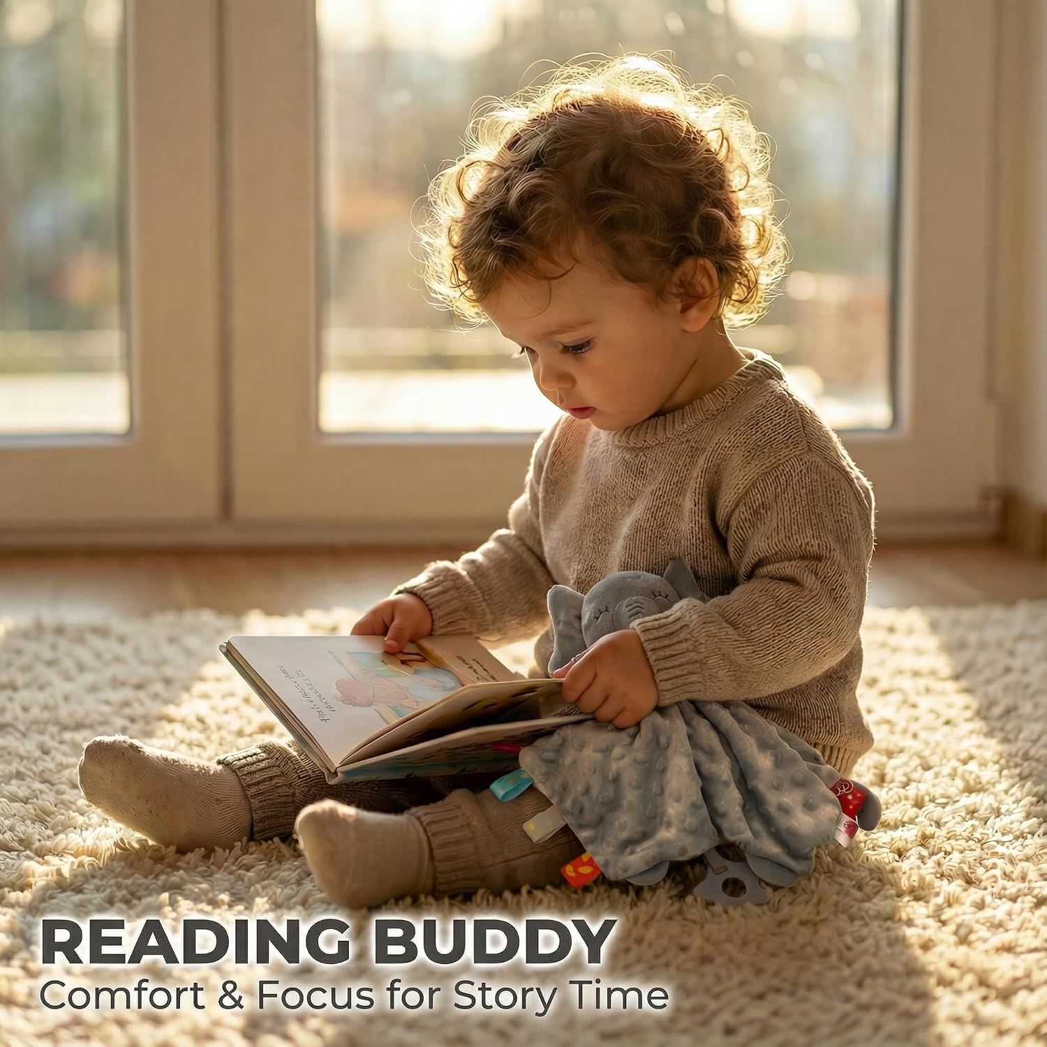 Demonstrates a specific use case for the comforter as a reading buddy during story time, showing how the product provides comfort and focus for children during activities. Highlights the benefit of…