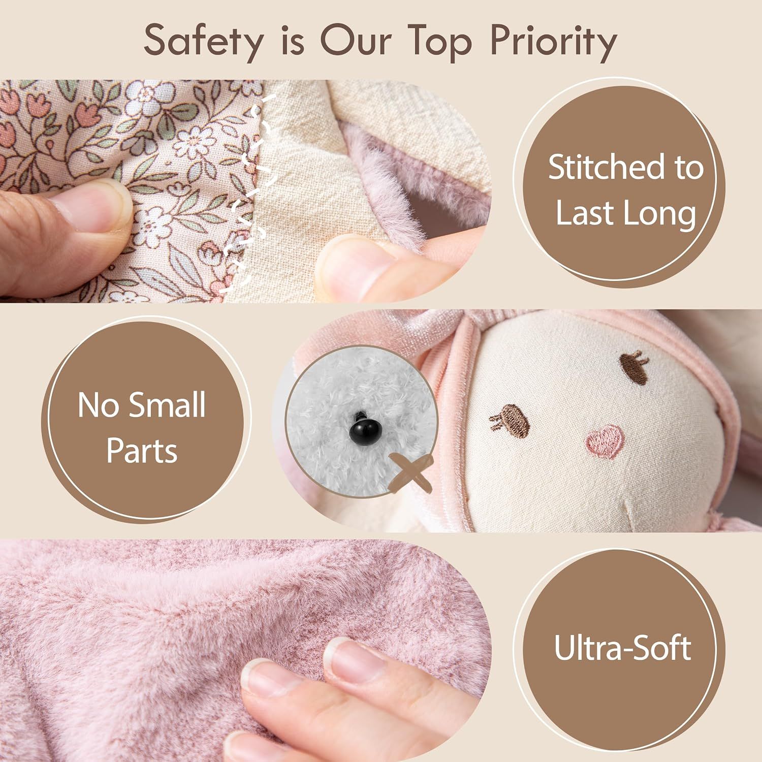 Highlights three distinct safety and quality features through a segmented layout with circular callouts to reassure parents about the product's durability and safety.