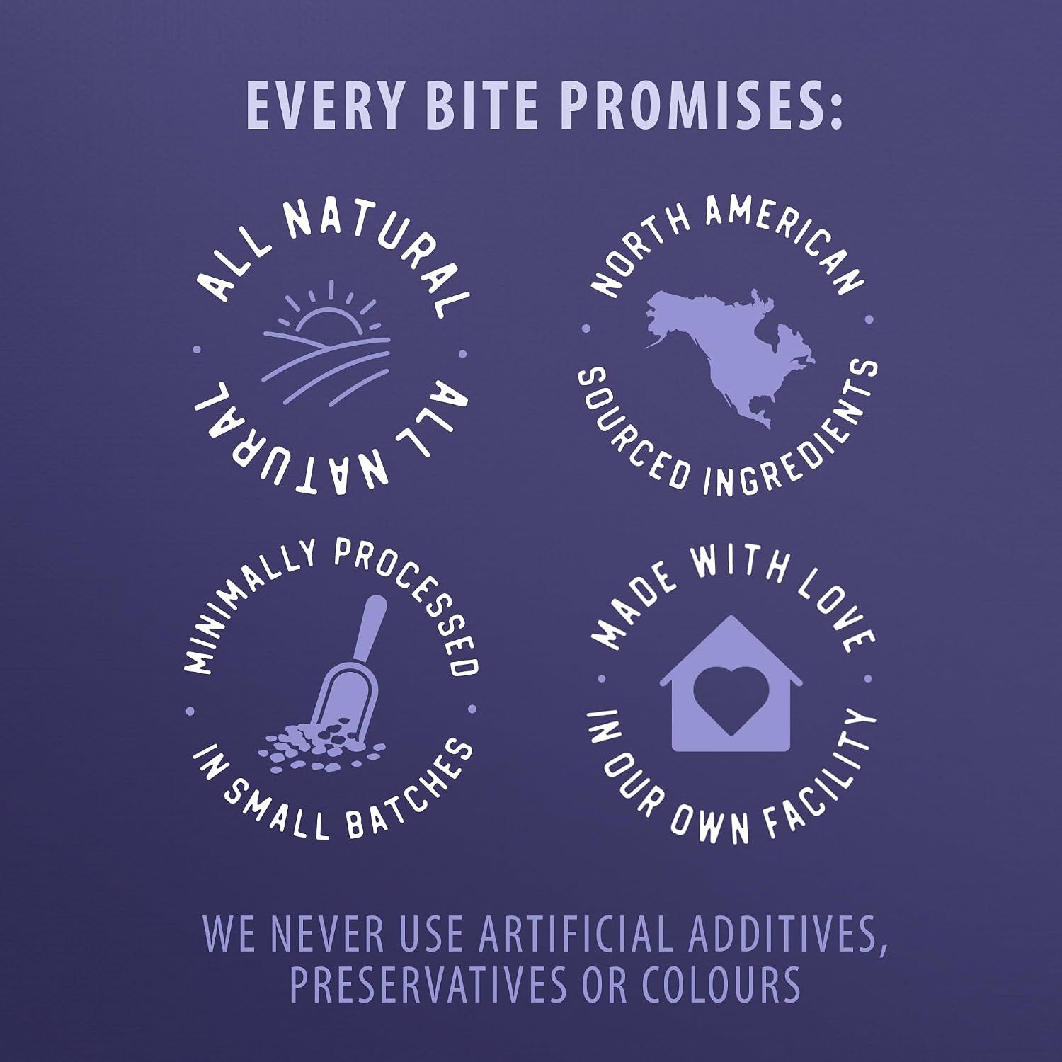 Showcases four key brand promises in a segmented layout: all natural ingredients, North American sourcing, minimal processing in small batches, and made with care in their own facility.