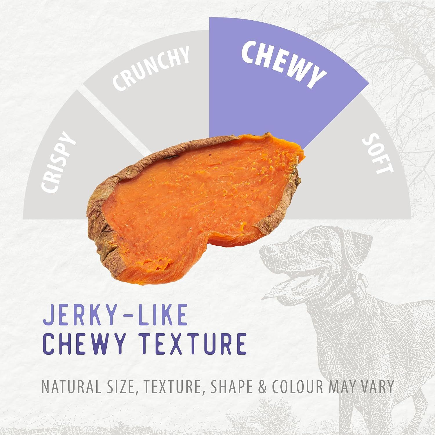 Highlights the product's jerky-like chewy texture using a visual meter to show where this product falls on the texture spectrum from crispy to soft.