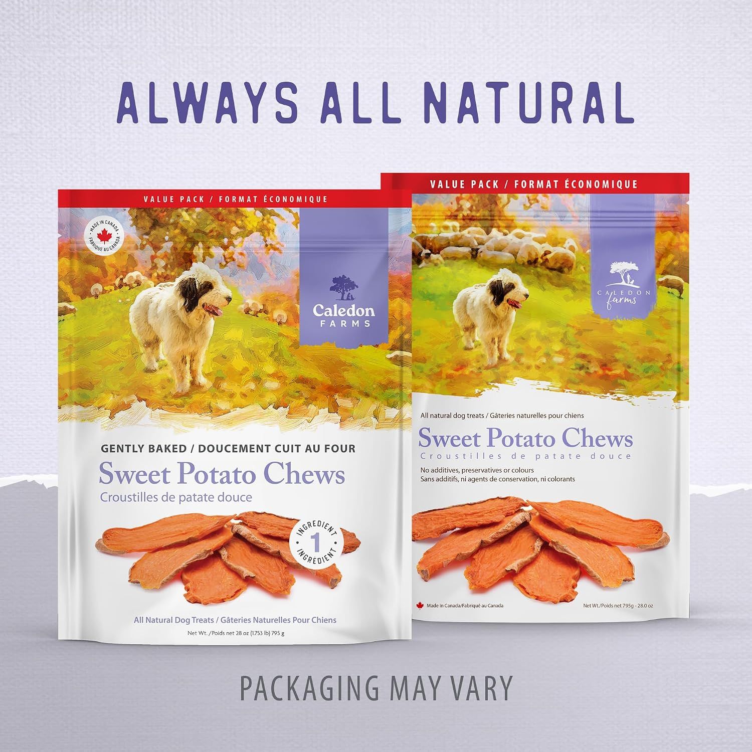 Reinforces the all-natural quality of the product with a simple, clean visual showing the Sweet Potato Chews in two packaging sizes, emphasizing that the product contains no additives,…