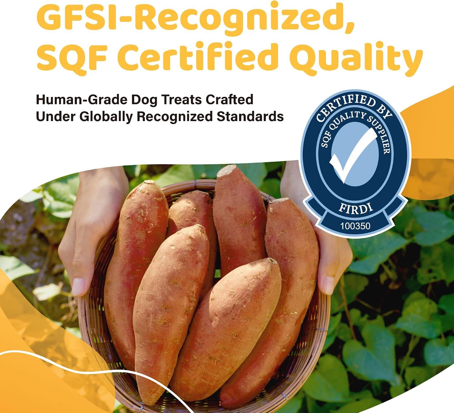Reassures shoppers that the dog treats are crafted under globally recognized quality and safety standards, emphasizing human-grade certification to build trust in product safety. Highlights the…