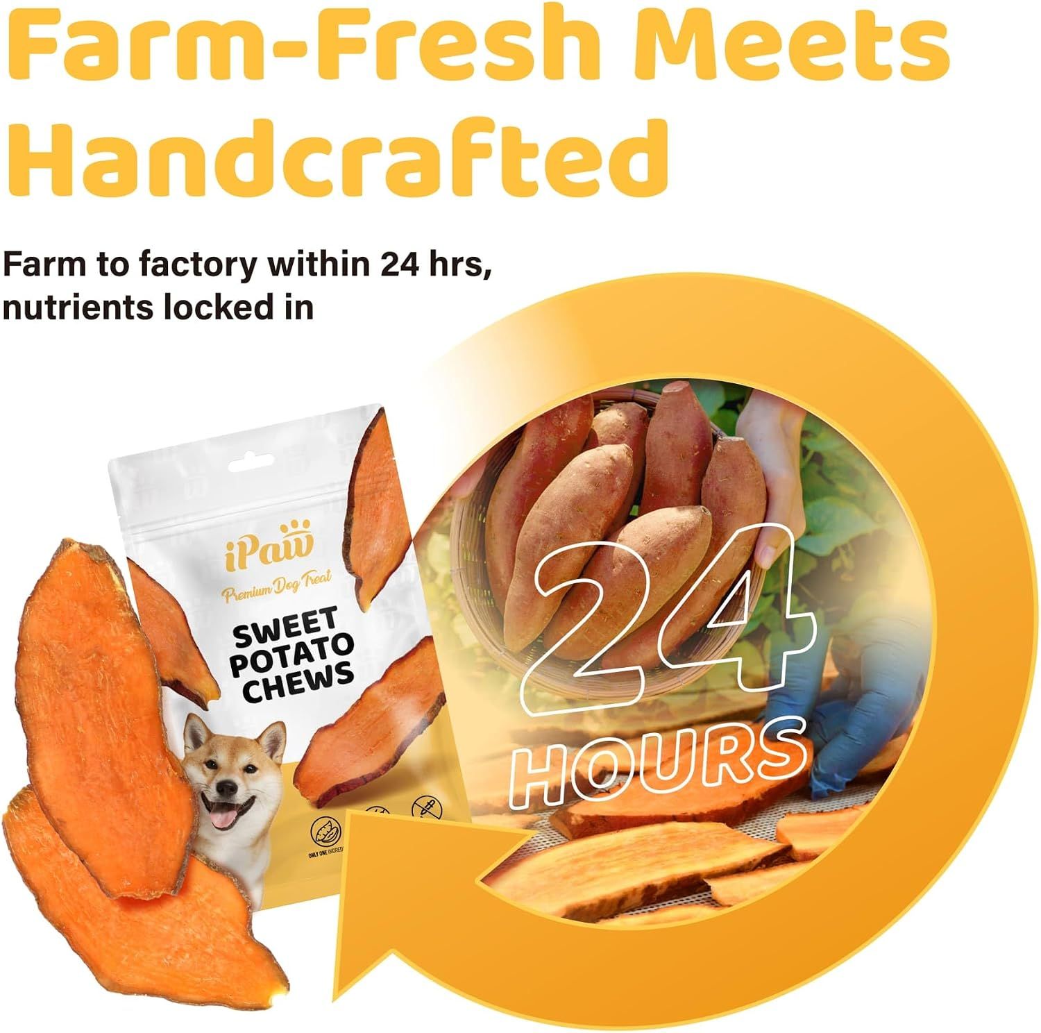 Emphasizes the speed of production from farm to factory within 24 hours to communicate freshness and nutrient retention as a key selling point. Communicates the freshness and handcrafted quality of…
