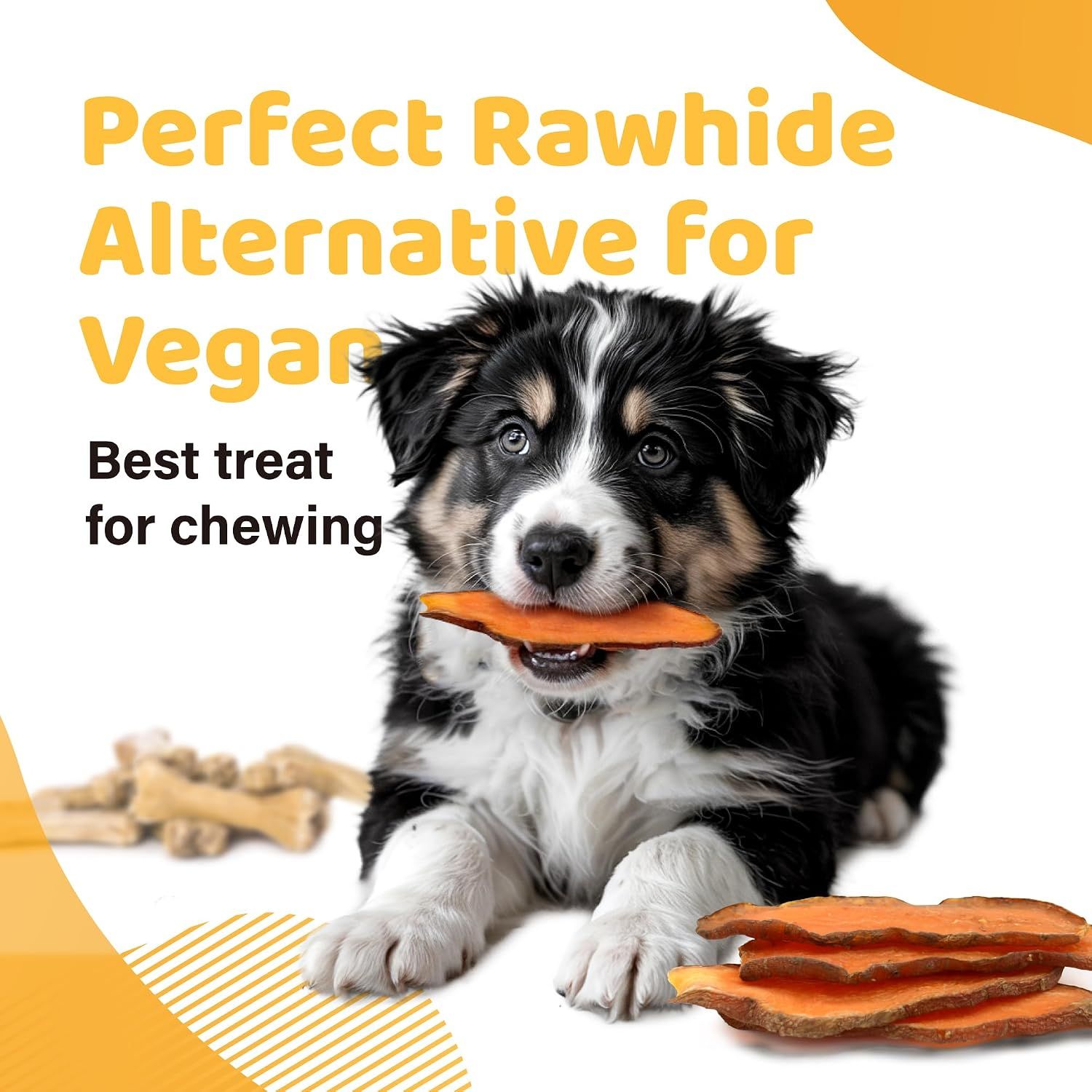 Positions the product as a perfect rawhide alternative for vegan dogs, emphasizing its suitability for chewing to attract health-conscious pet owners.