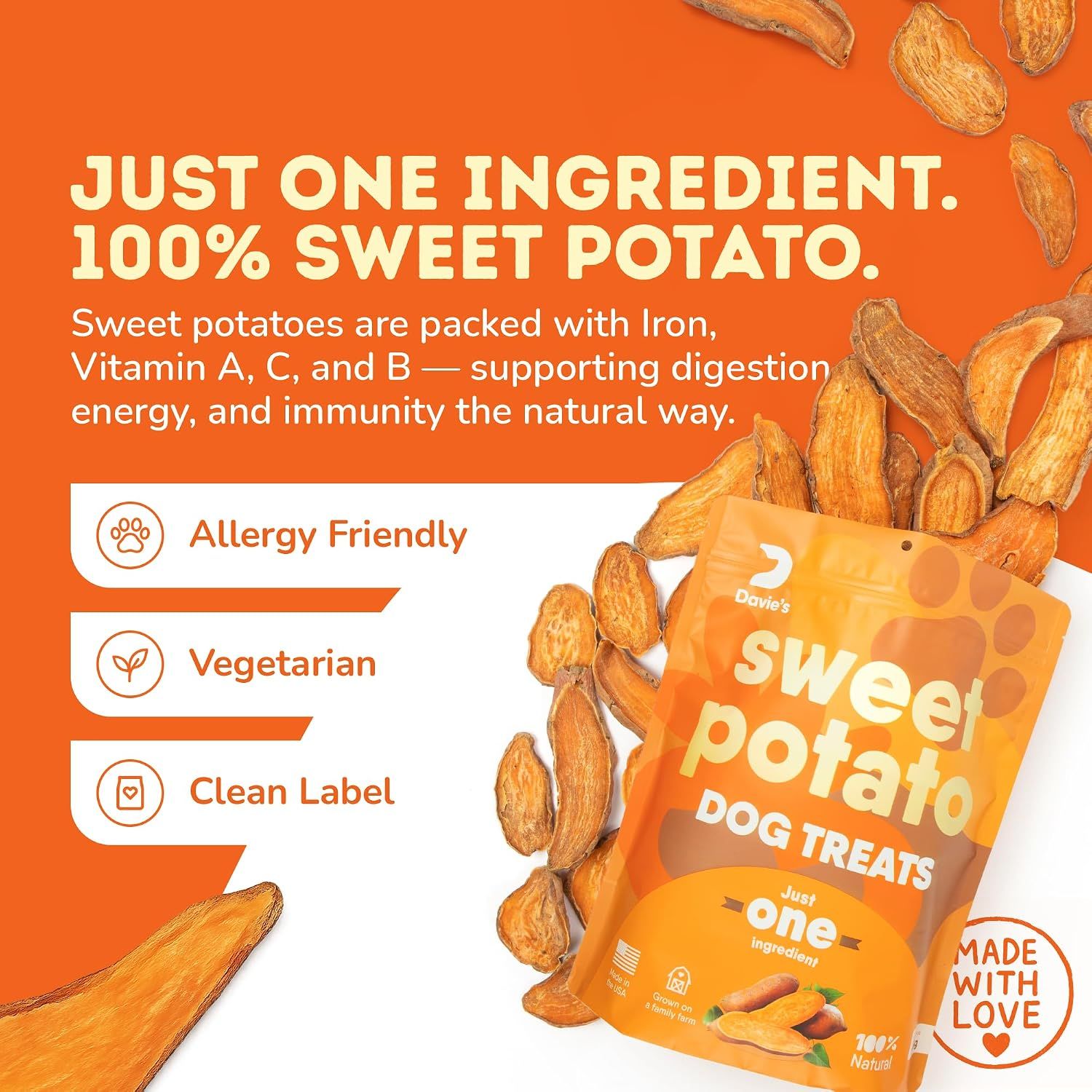 Highlights multiple selling benefits in a segmented layout: the product is made from one ingredient, is allergy-friendly, vegetarian, and has a clean label, appealing to health-conscious pet owners.
